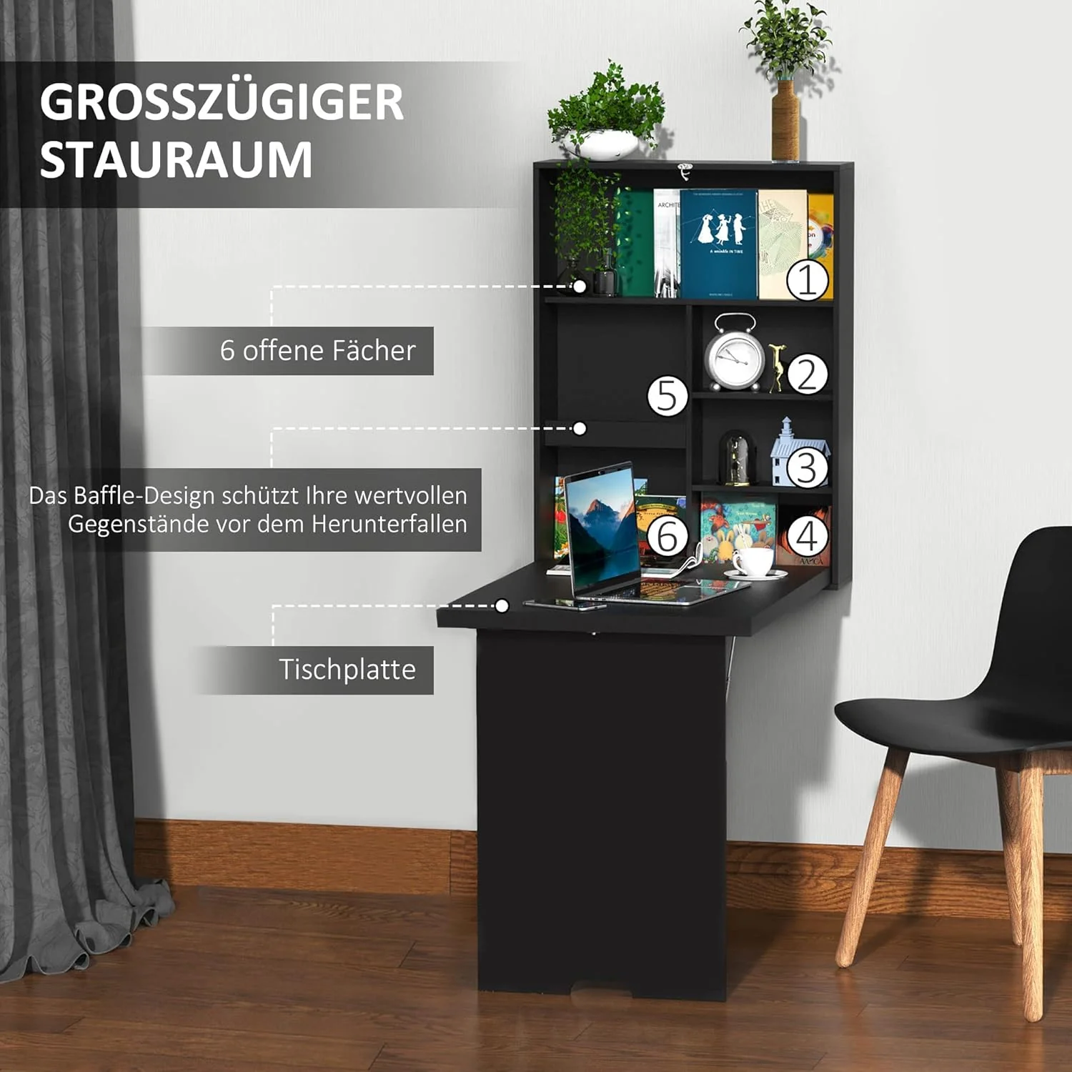 HOMCOM Wandtisch Wandklapptisch Klappschreibtisch mit Tafel Klappbarer Computertisch für Büro Schwar - Image 5