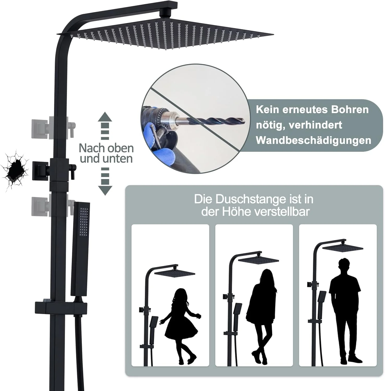 HOMELODY Duschsystem mit Thermostat Schwarz - Edelstahl Duscharmatur Komplettset mit 30x30CM Kopfbra - Image 6