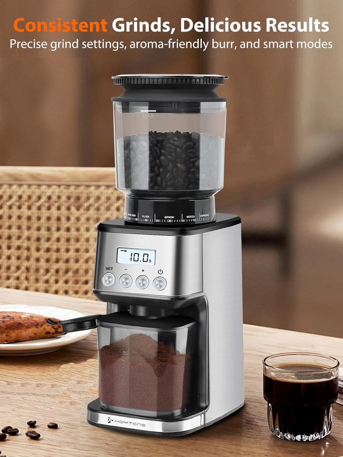 Homtone Kaffeemühle Elektrisch für Siebträger und Behälter, 51 Mahlstufen Kaffeemühle Siebträger Ele - Image 7