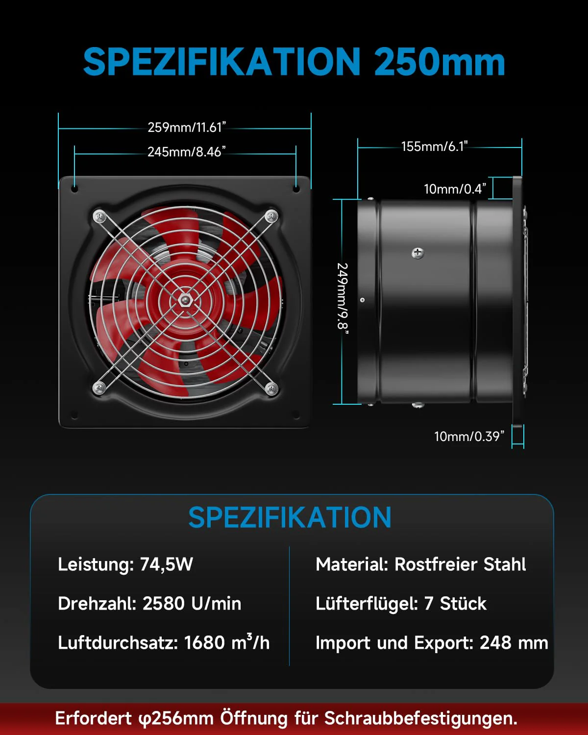 Hon&Guan Abluftventilator 250mm mit Schalter, 1680m³/h Industrie Rauchabzug Wandventilator mit Rückl - Image 3