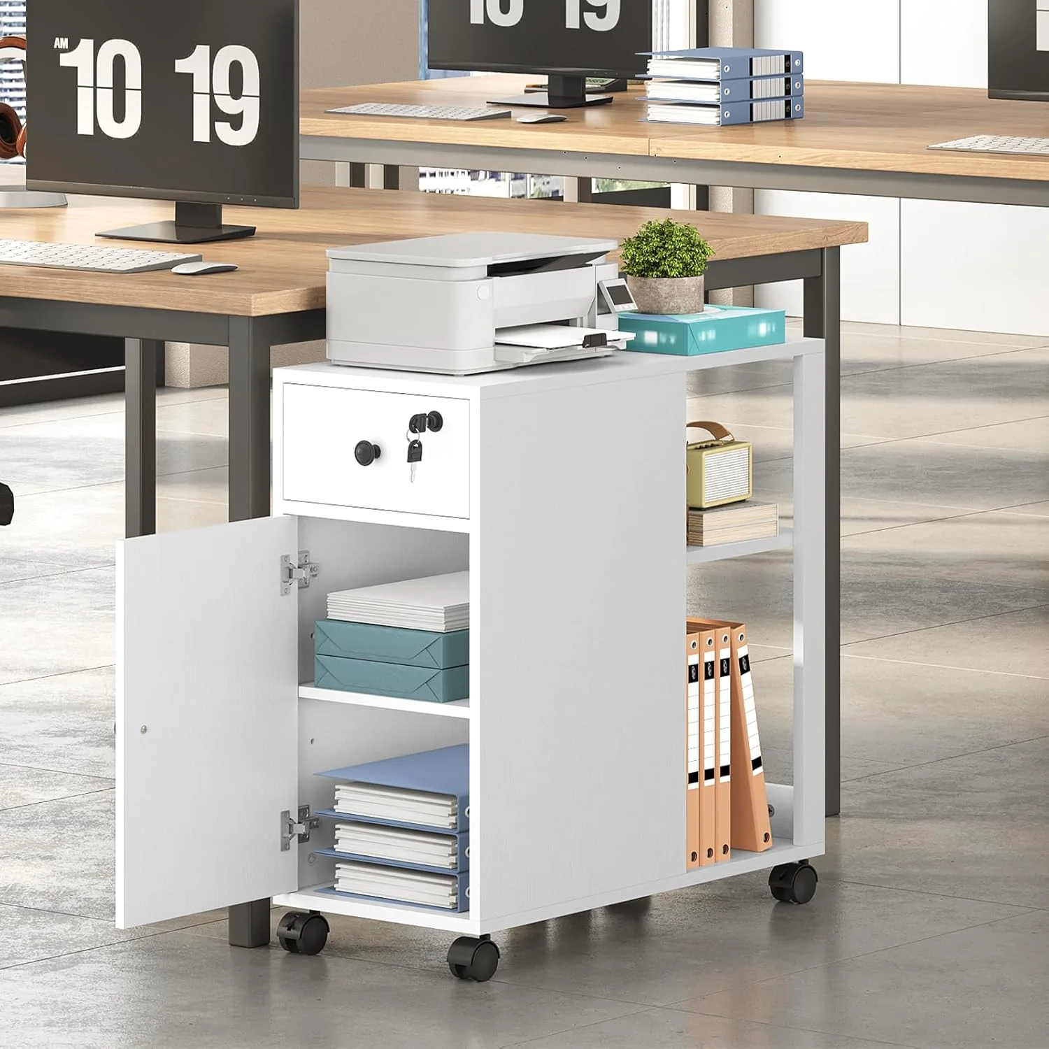 HOOBRO Rollcontainer mit Schublade, mobiler Aktenschrank mit Schloss, Schreibtisch Unterschrank, Bür - Image 2