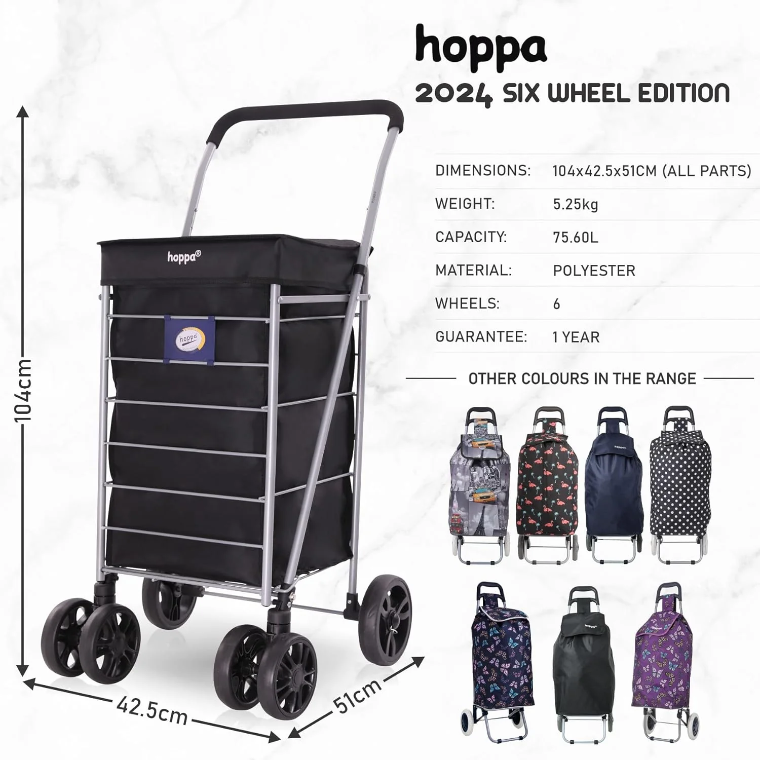 Hoppa Leichter 6-Rad-Einkaufstrolley Premium Modell 2024, faltbar, extragross, Einkaufstrolley mit 7 - Image 2