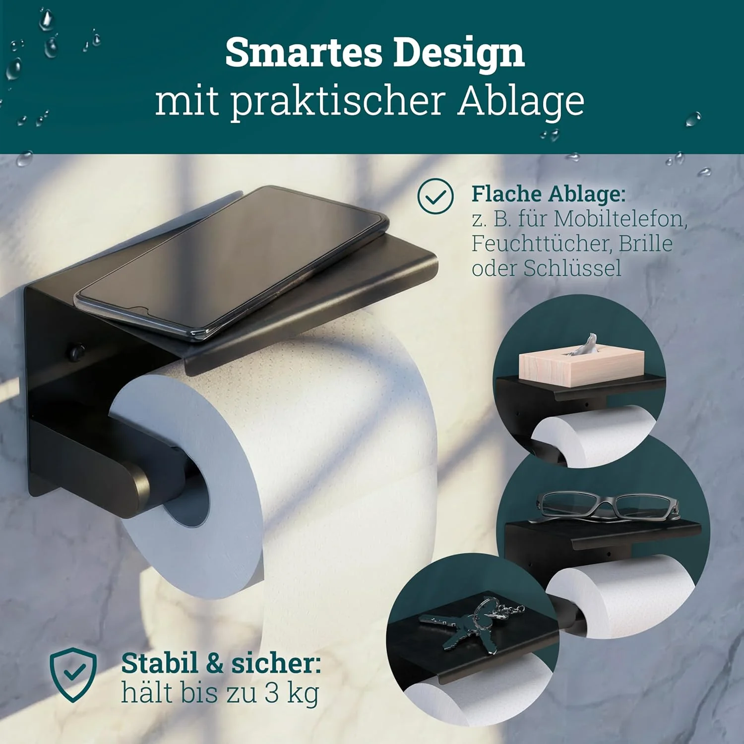 husman® Toilettenpapierhalter ohne Bohren | Klorollenhalter aus hochwertigem Edelstahl Matt-Schwarz - Image 5