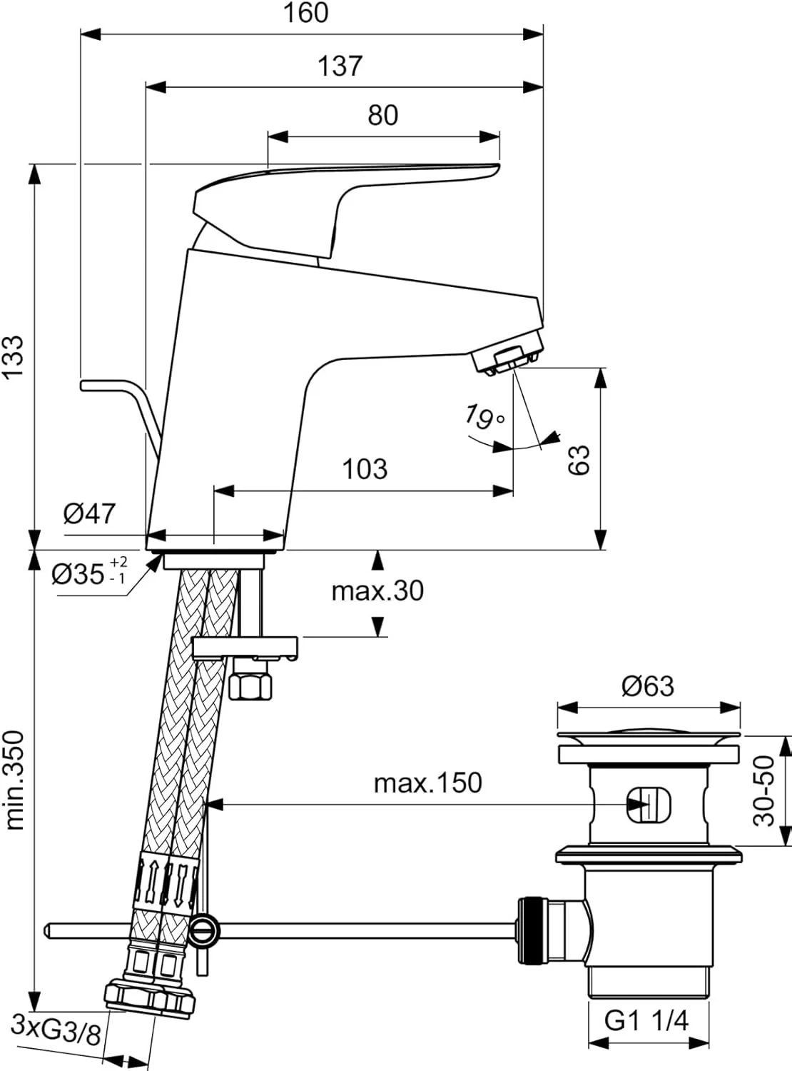 Ideal Standard B1838AA Ceraflex Waschtischarmatur mit Ablauf, Niederdruck, Bad-Wasserhahn mit Auslau - Image 5