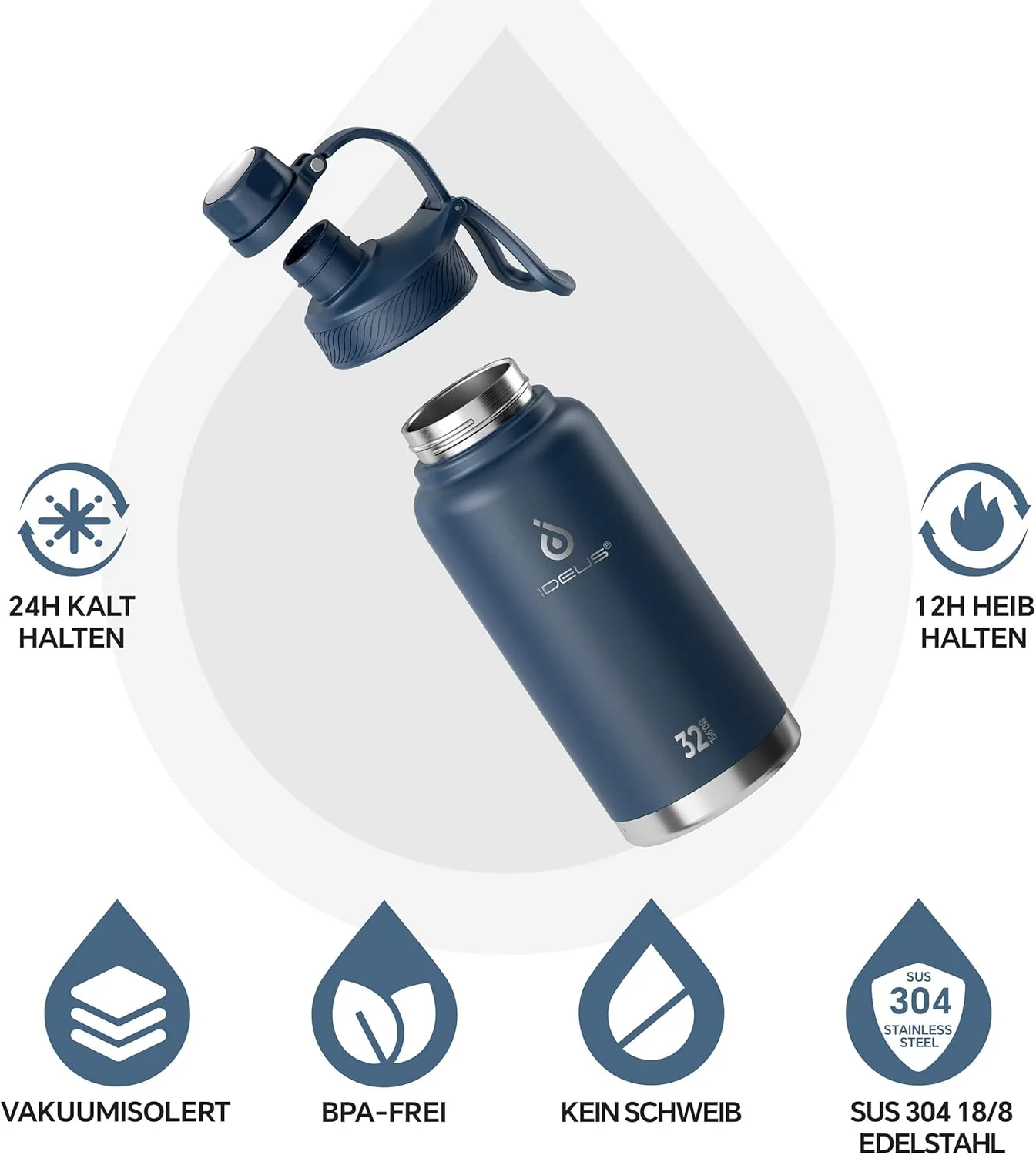 IDEUS Vakuumisolierte Wasserflasche, 32oz (950 ml) Edelstahl Doppelwand Flasche Metall Sport Kantine - Image 2