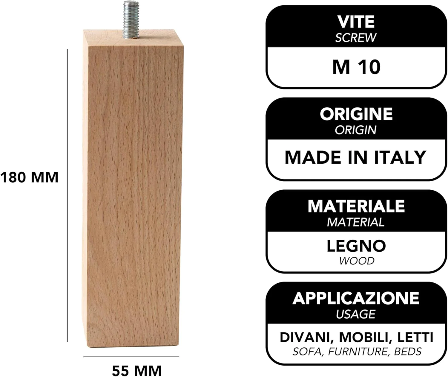 IPEA 4X Möbelfüsse Sofa Füsse aus Holz – Höhe 180 mm – Made in Italy – Fusse aus Rohholz fur Möbel, - Image 3