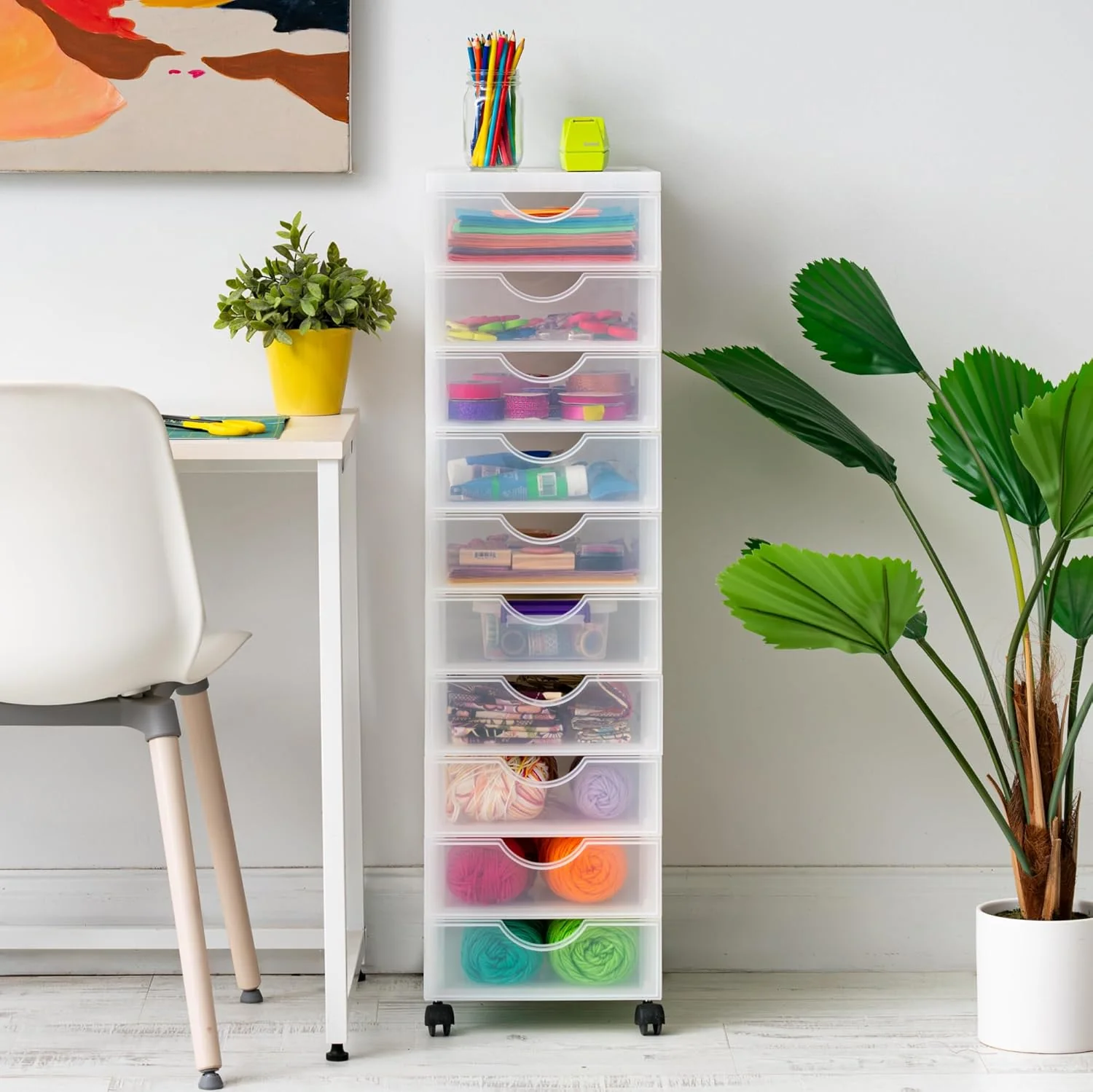Iris Ohyama Kunststoff-Schubladenbox mit Rollen, 10 flachen Schubladen, Mattweiss, Griffe zum Ziehen - Image 4