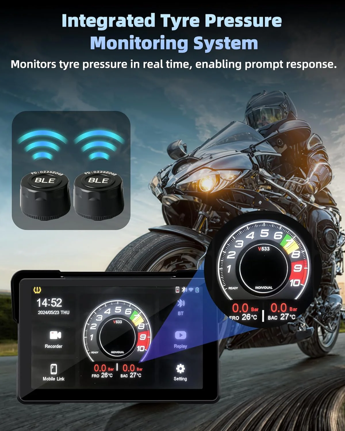 Jansite Motorrad Carplay Bildschirm Android Auto mit TPMS Reifendrucküberwachungssystem, 7 Zoll Moto - Image 3