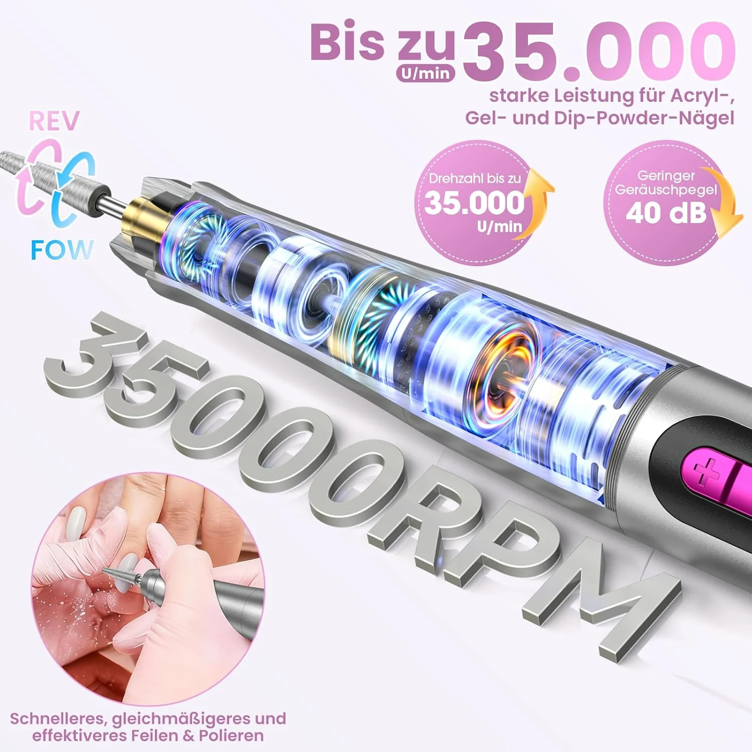 Kabelloser Nagelfräser mit 35.000 U/min, Elektrische Nagelfeile für Acryl- und Gelnägel, Maniküre- u - Image 3