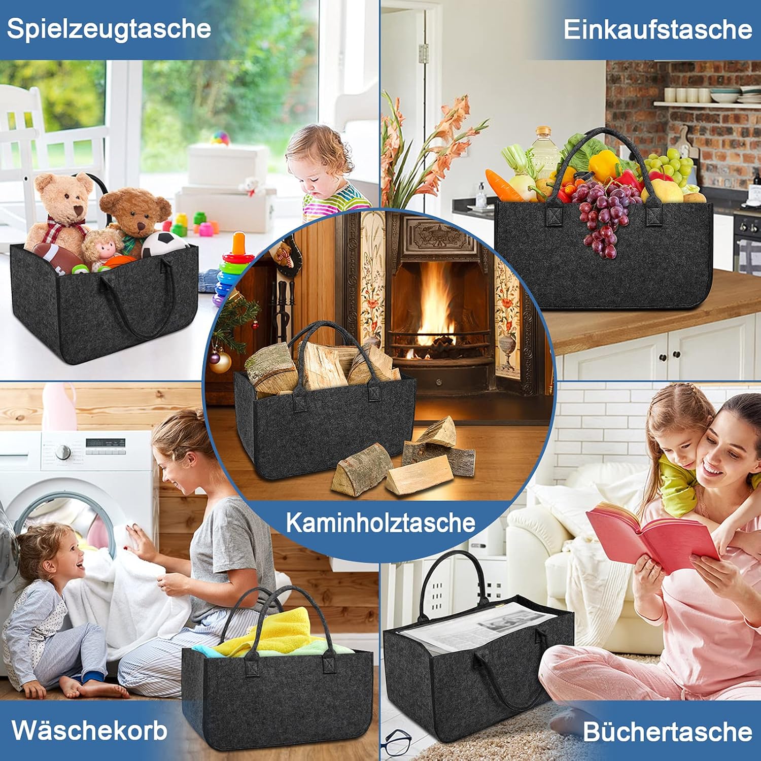 Kaminholzkorb Filz Holzkorb für Kaminholz mit Tragegriffen Faltbar Filztaschen Shopper Kaminholztasc - Image 4