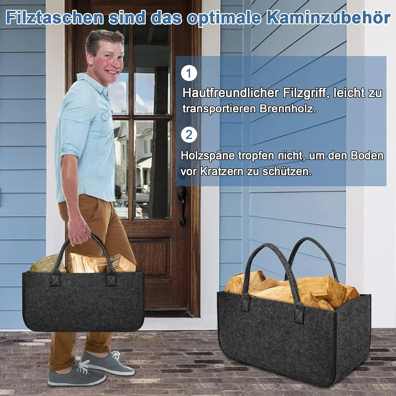 Kaminholzkorb Filz Holzkorb für Kaminholz mit Tragegriffen Faltbar Filztaschen Shopper Kaminholztasc - Image 5