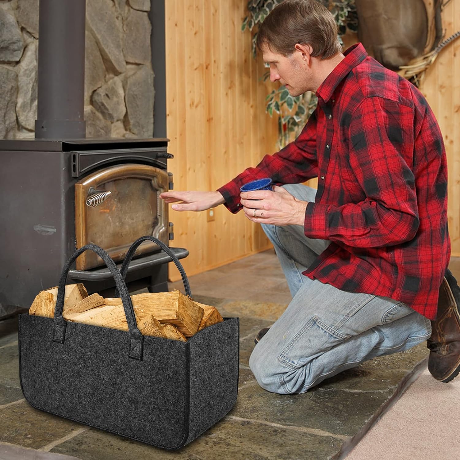 Kaminholzkorb Filz Holzkorb für Kaminholz mit Tragegriffen Faltbar Filztaschen Shopper Kaminholztasc - Image 8