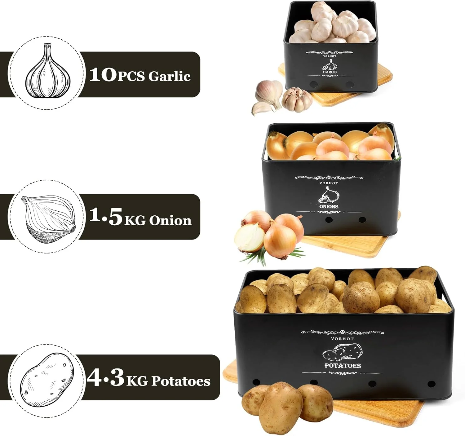 Kartoffel Aufbewahrungsbox, 3er Set Zwiebel Kartoffel Knoblauch Aufbewahrung, Kartoffelbox mit Decke - Image 5