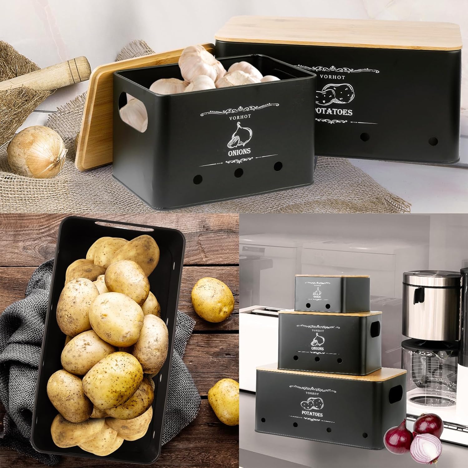 Kartoffel Aufbewahrungsbox, 3er Set Zwiebel Kartoffel Knoblauch Aufbewahrung, Kartoffelbox mit Decke - Image 7
