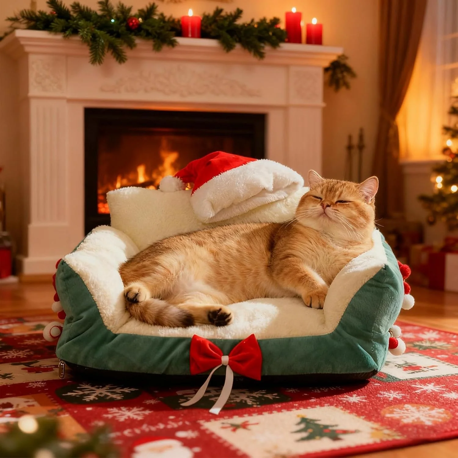 Katzen-Couchbett, Weihnachts-Lounge mit Weihnachtsmannmütze, stützendes Haustier-Sofa – für Küche, S - Image 3