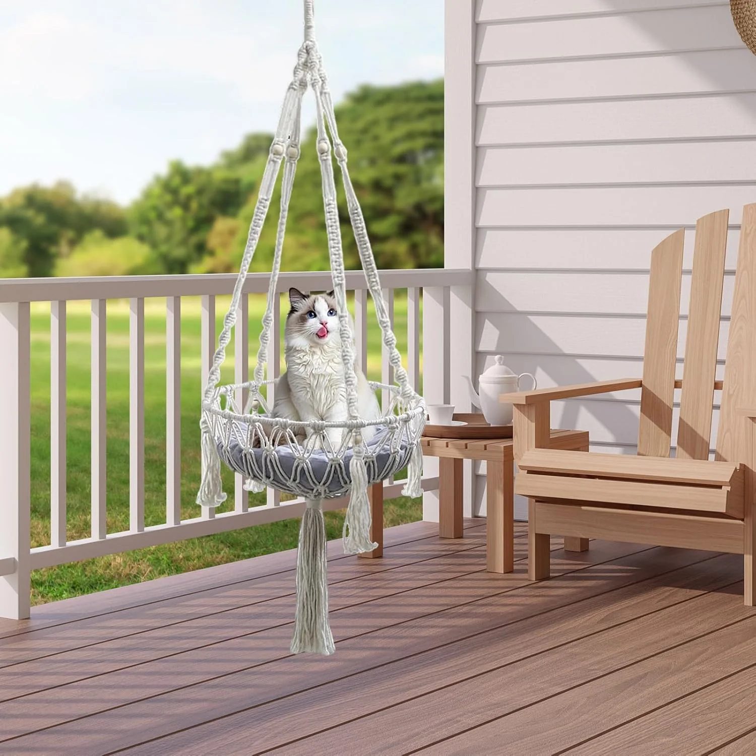 Katzen Hängematte | Boho Stil Makramee Hängesessel | Geflochtener Baumwollseil Schlafkorb Kletterpla - Image 3