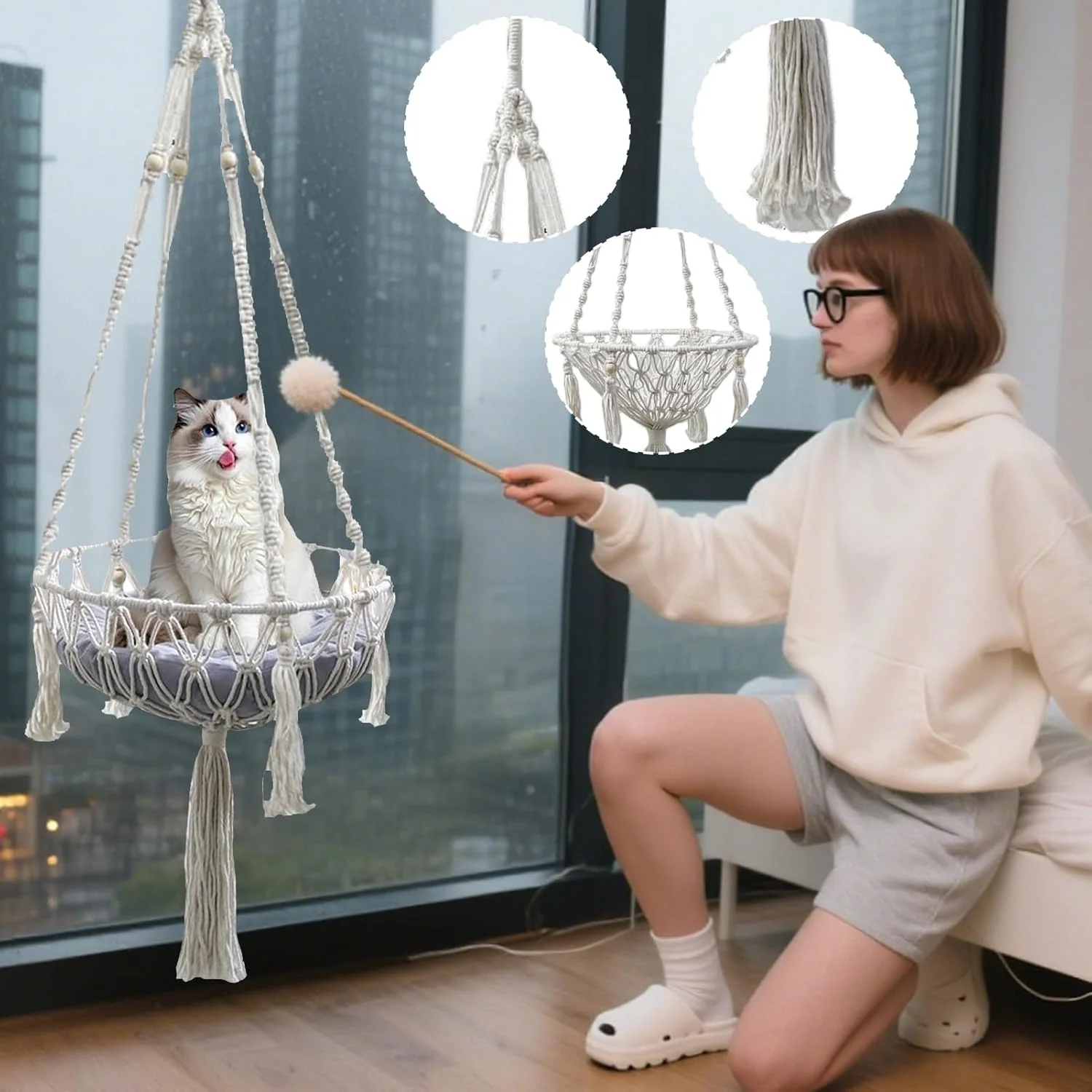 Katzen Hängematte | Boho Stil Makramee Hängesessel | Geflochtener Baumwollseil Schlafkorb Kletterpla - Image 6