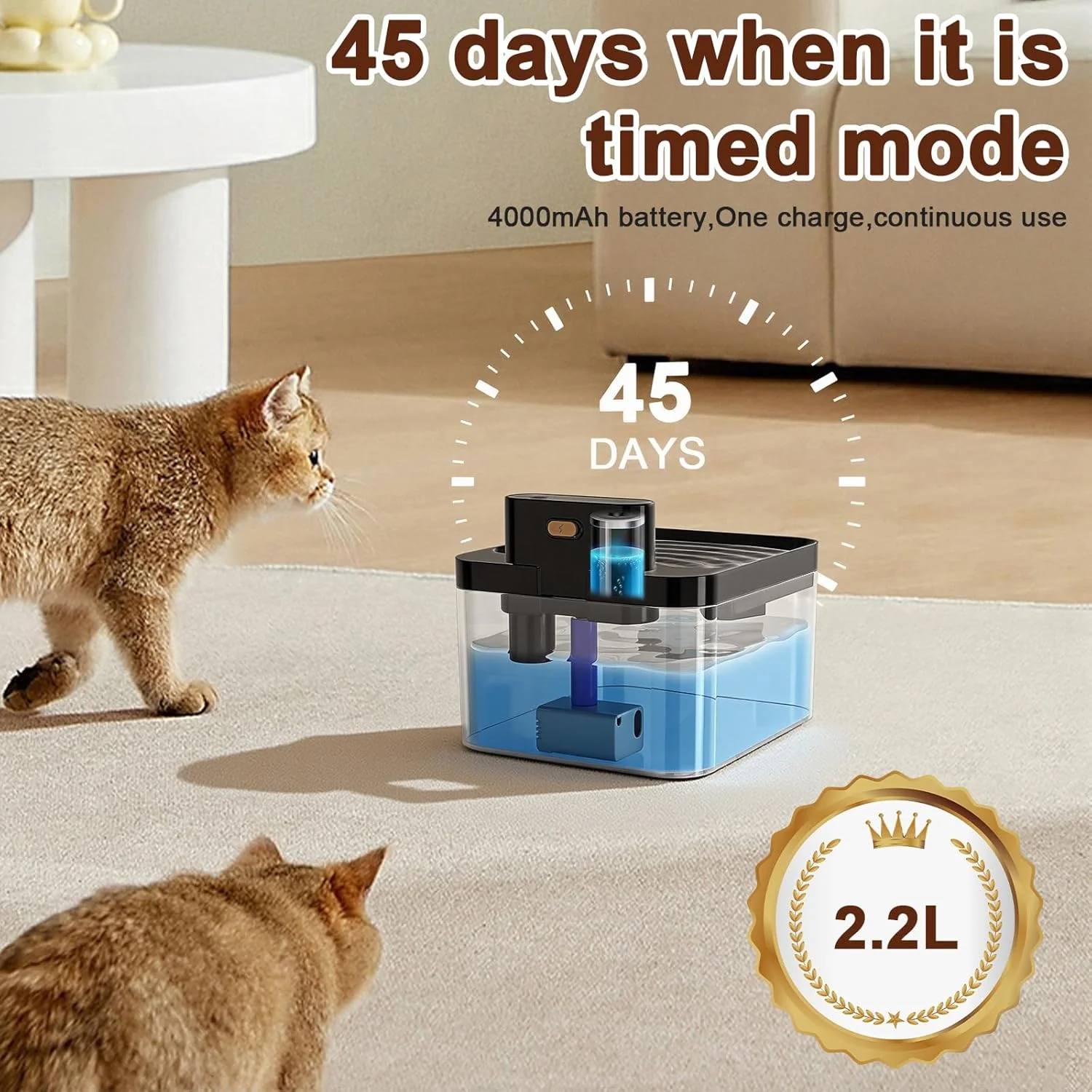 Katzenbrunnen Kabellos, Diealles Shine 2.2L Trinkbrunnen für Katze mit Bewegungsmelder, 4000mAh Wass - Image 3