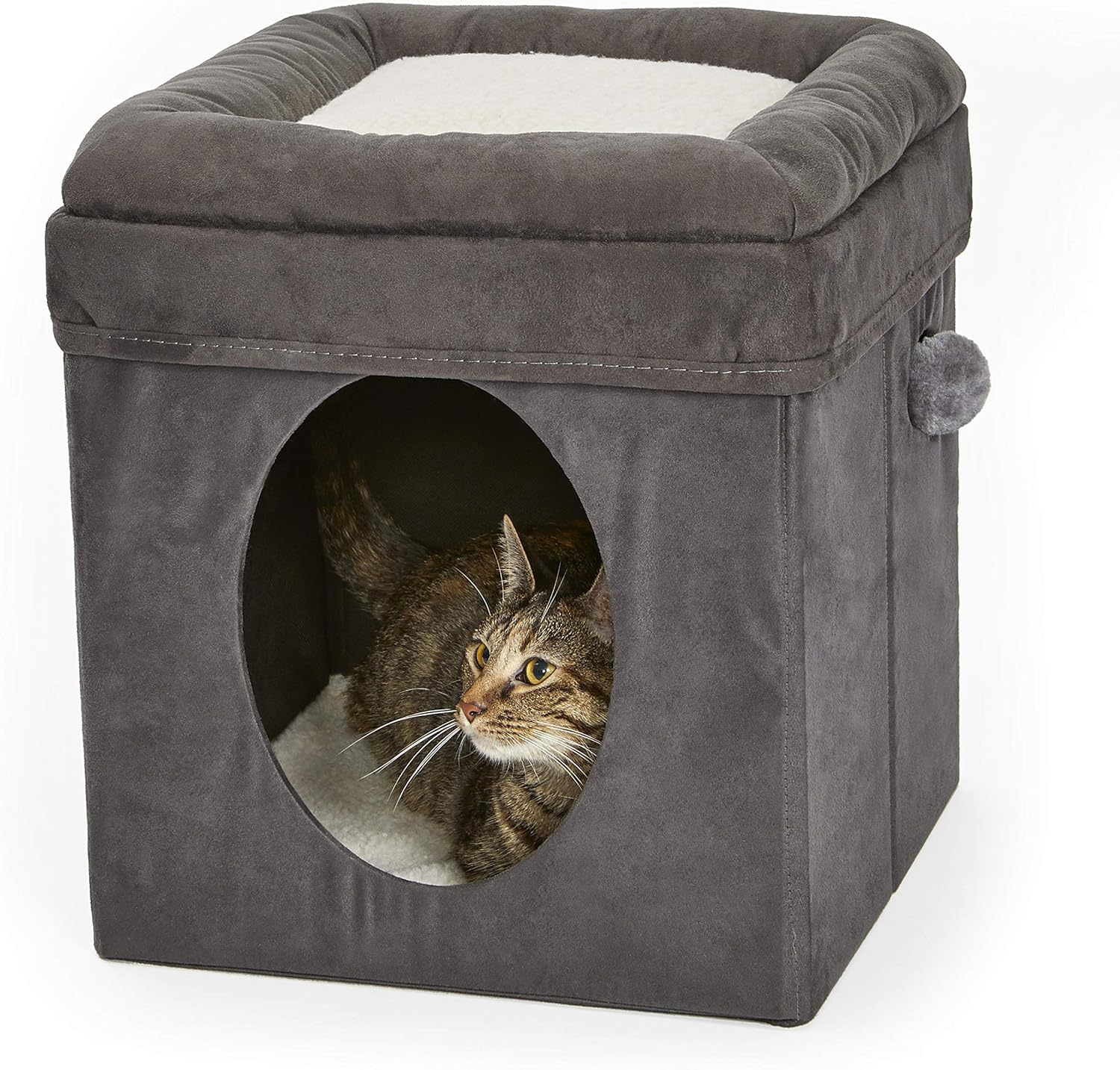 Katzenhöhle, 39,4 x 39,4 x 42 cm, faltbares Katzenversteck mit Spielzeug, gepolstertem Bett oben, gr - Image 2