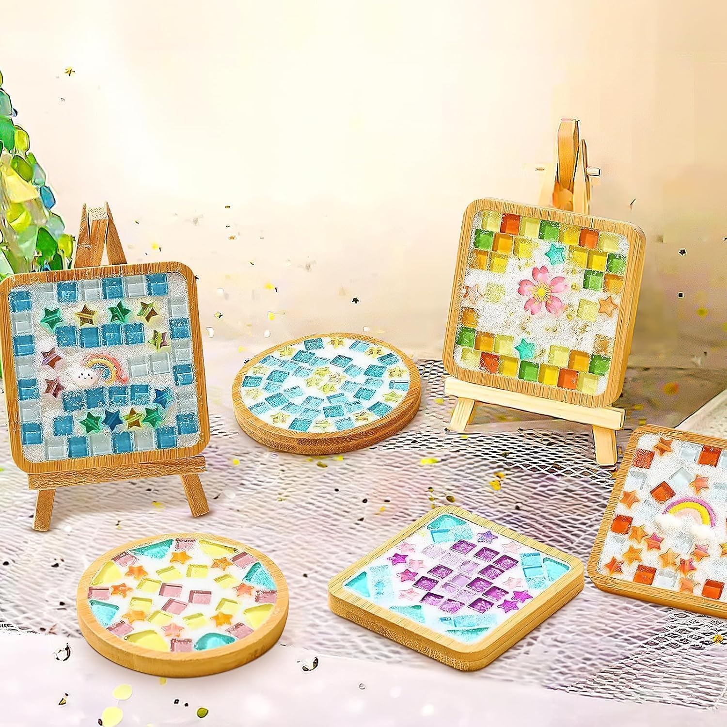KDXBQ 8 Stück Mosaik Bastelset Untersetzer, DIY Mosaiksteine Set mit Bambus-Schalen, Komplettes Bast - Image 4