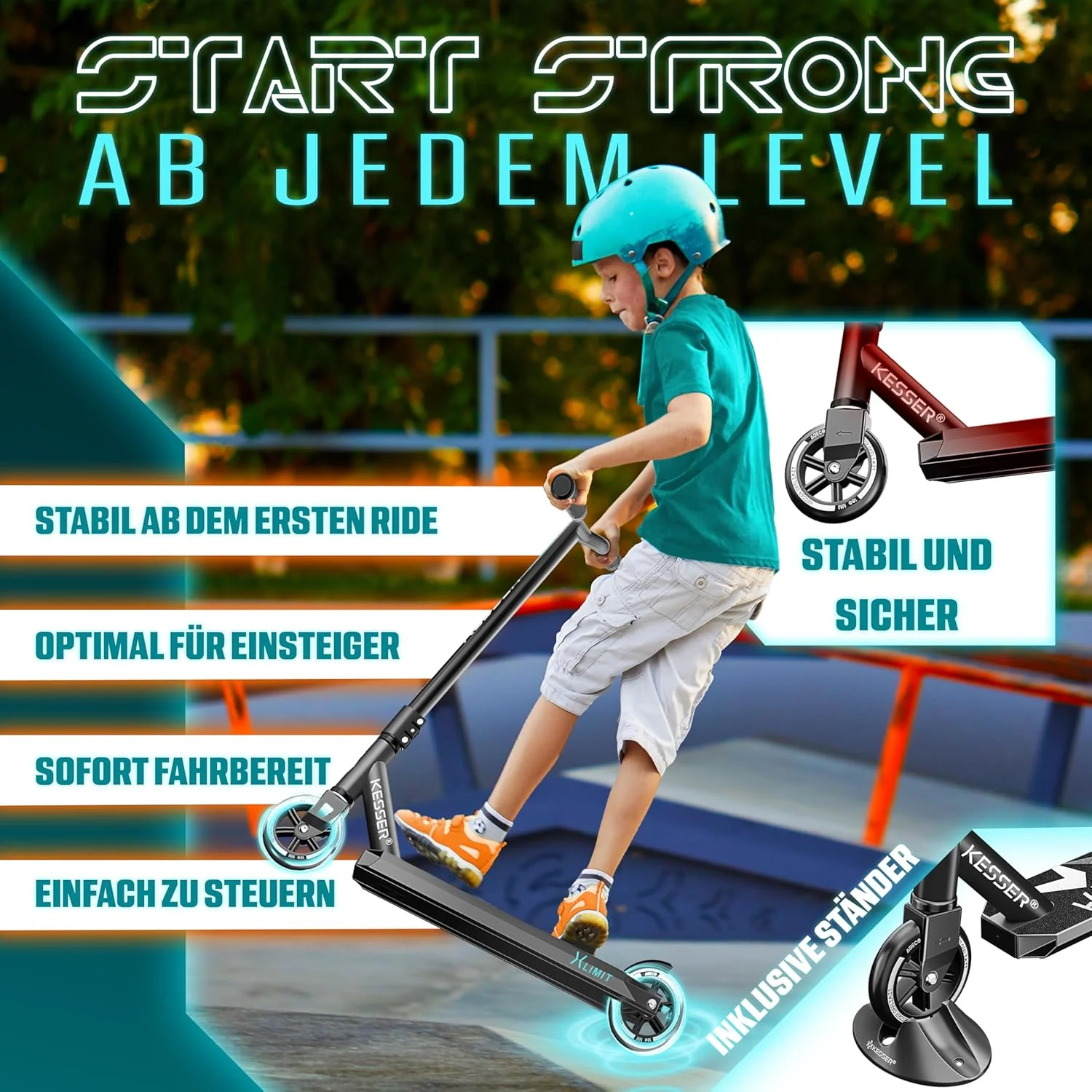 KESSER® Stunt Scooter X-Limit - 360° Lenkung Robuster Funscooter Stuntscooter mit ABEC 9 Kugellagern - Image 3