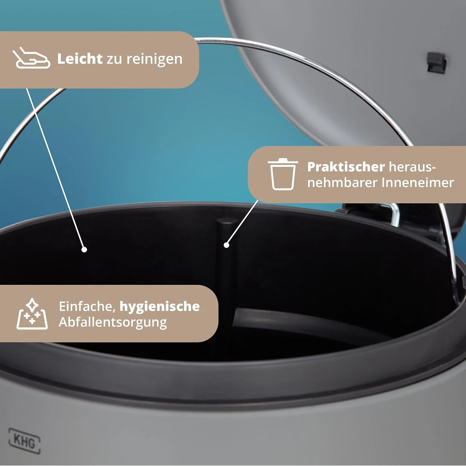 KHG Mülleimer 20 L Grau mit Softclose-Deckel & Tretfunktion - Pulverbeschichteter Metall-Abfalleimer - Image 6