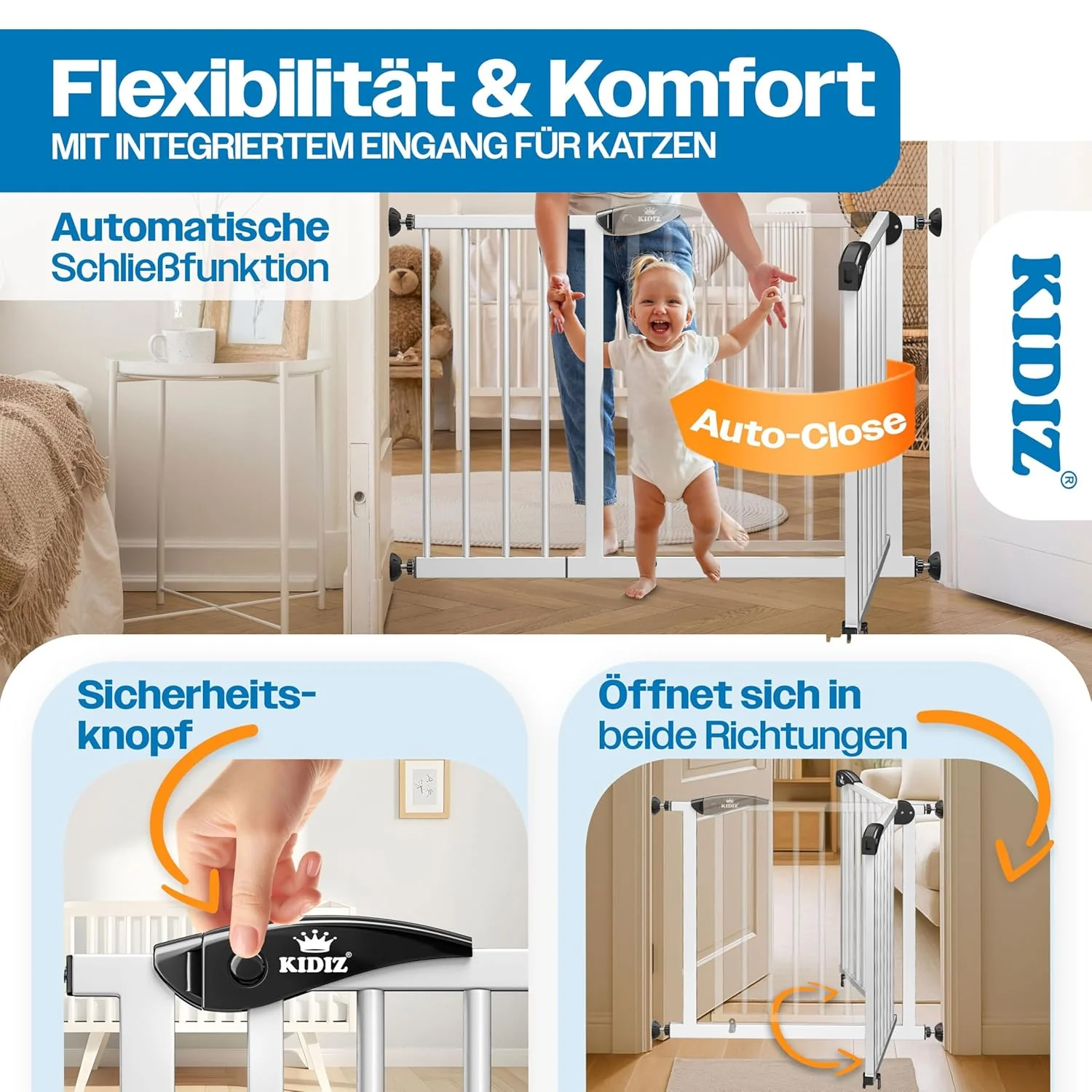 KIDIZ Treppenschutzgitter ohne Bohren | Verstellbare Breite: 88-94 cm, 75 cm hoch, Türschutzgitter u - Image 4
