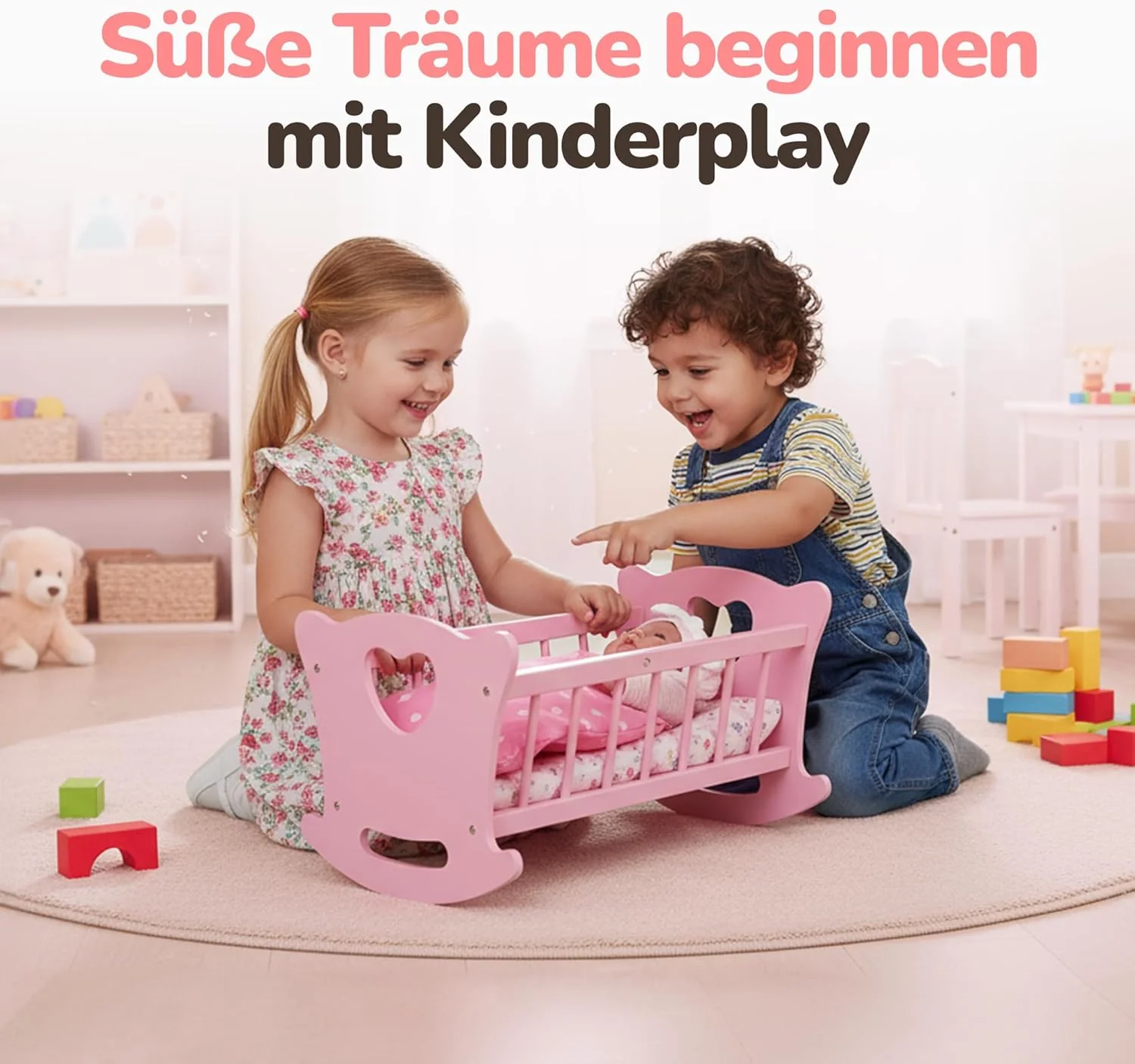 Kinderplay Holz Puppenwiege mit Bettwäsche – Schaukelbett für Puppen bis 49,5 cm – Nachhaltiges Holz - Image 8