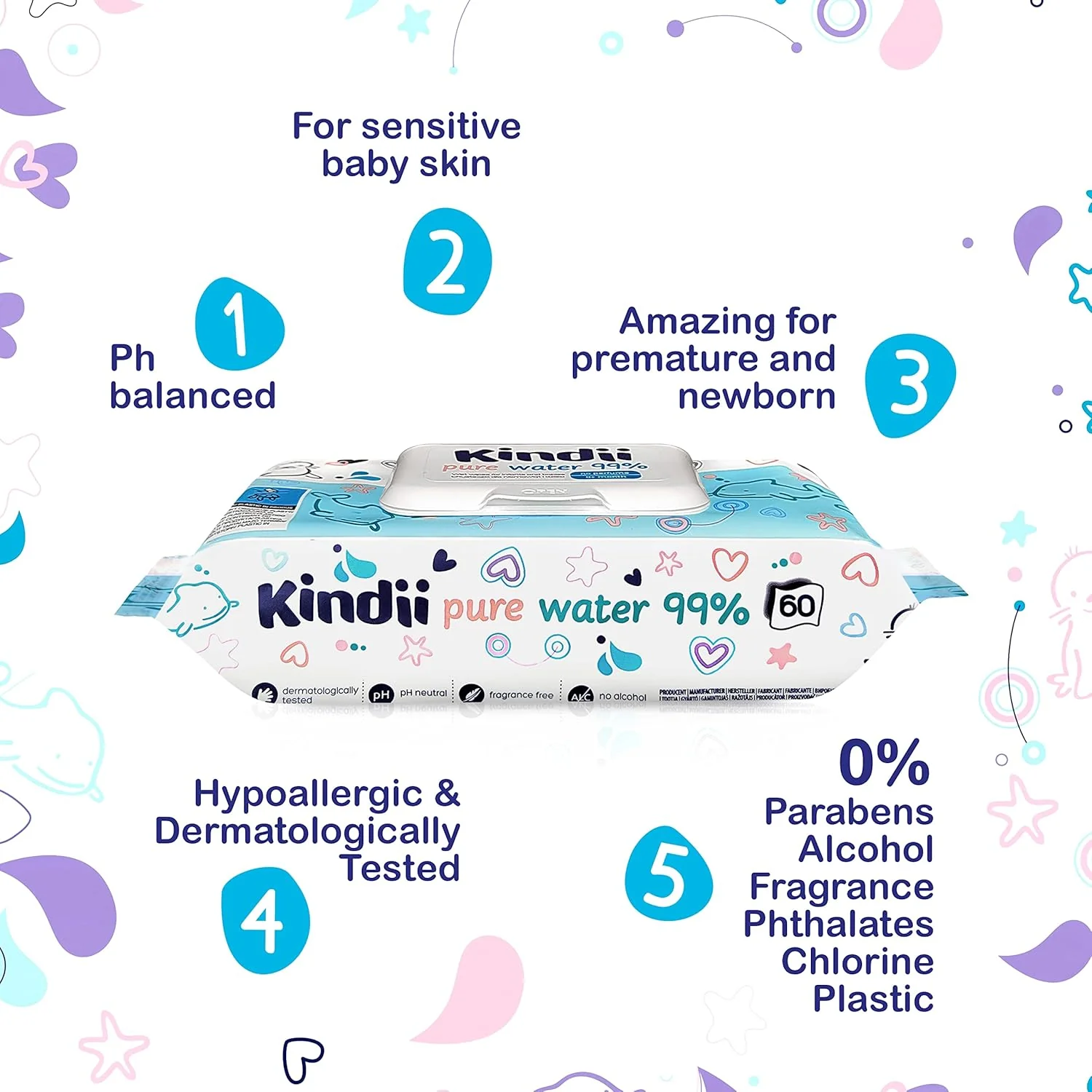 Kindii Feuchttücher Pure Water 99% – (12x60 Stück) Feuchttücher für Babys und Kinder – unparfümiert, - Image 2