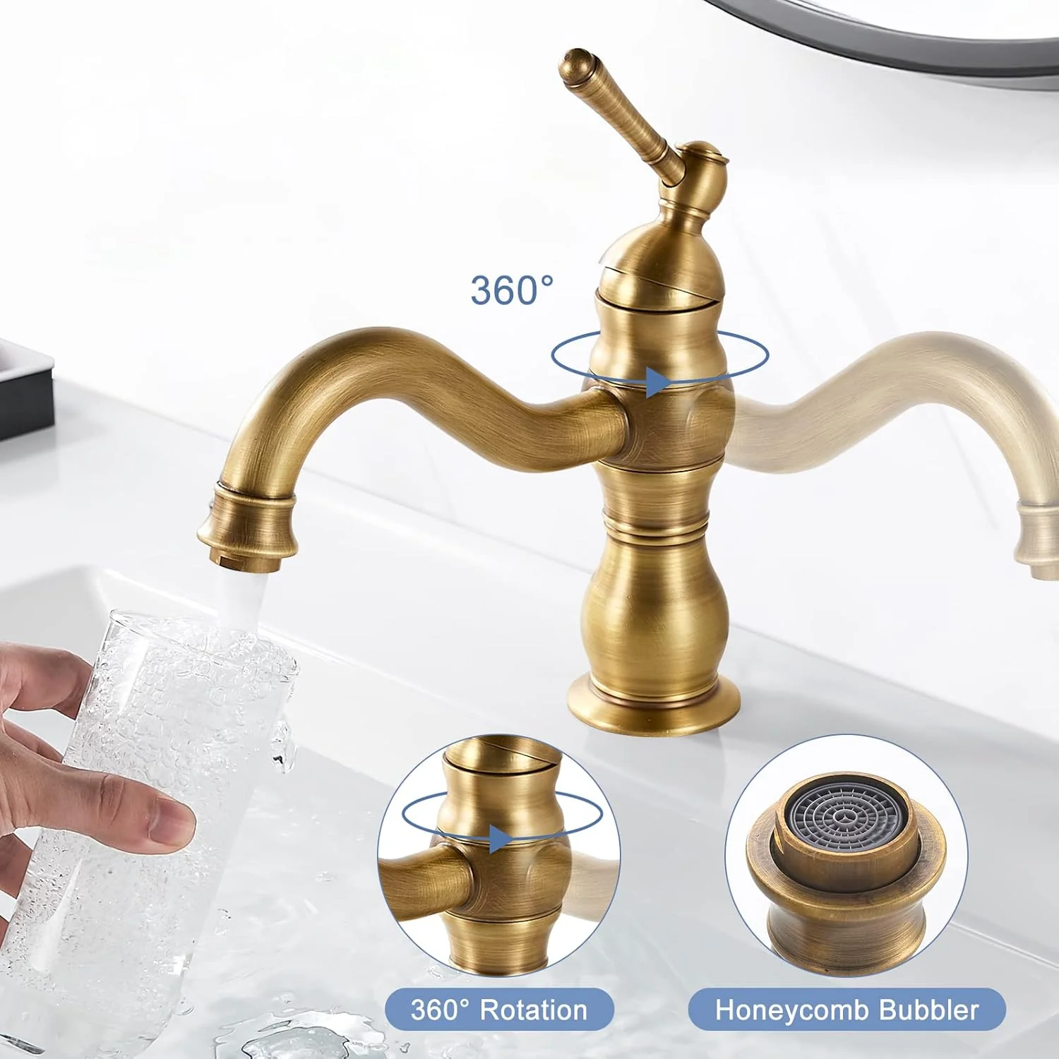 kisimixer Wasserhahn Bad Antik Bronze, 360° Schwenkbar Armatur Waschbecken für Bad, Einhebel Mischba - Image 5
