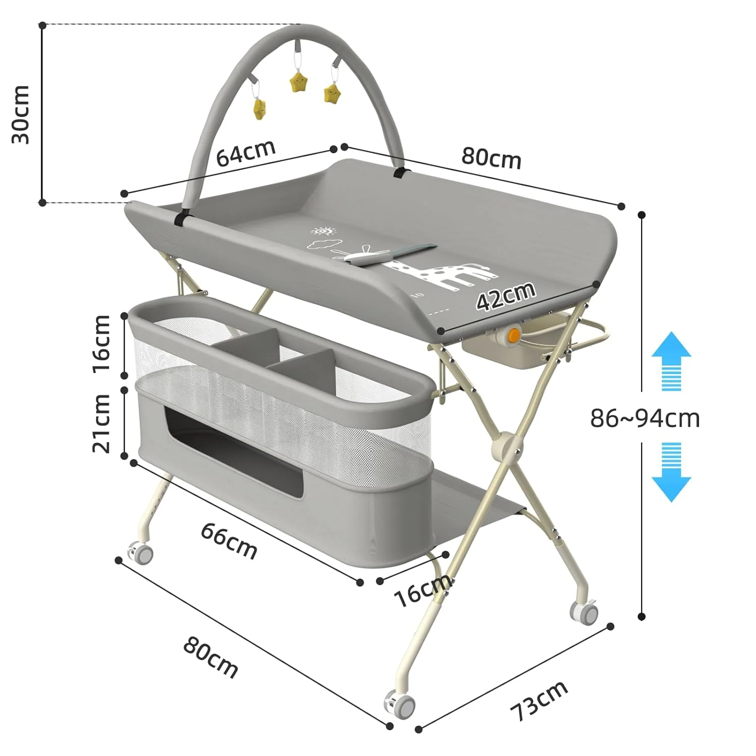 Klappbare Wickelkommode, Baby Wickelkombi, mobiler Wickeltisch mit Wickelauflage und Ablagefächern, - Image 5