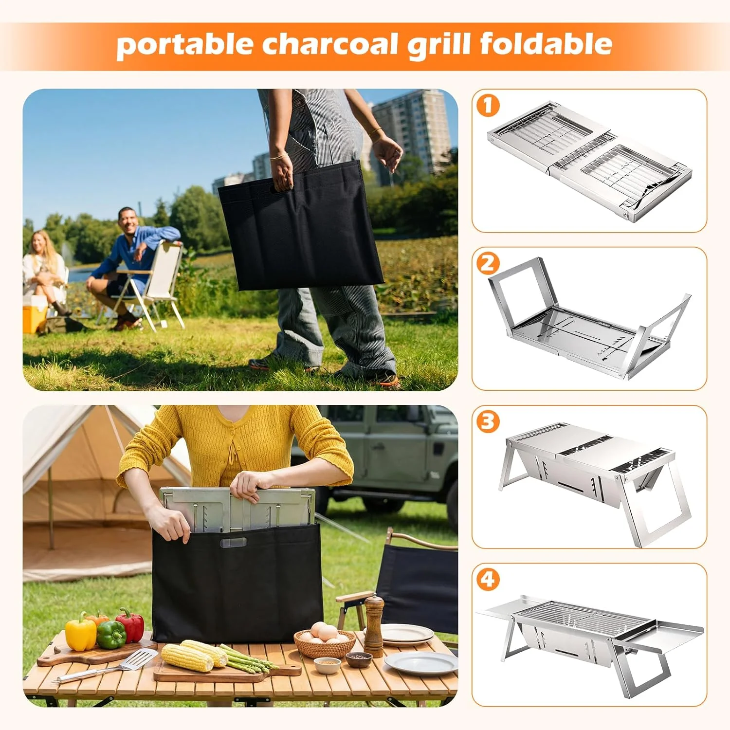 Kleiner Tragbarer Camping Holzkohlegrill, Mini tischgrill holzkohle mit 4-stufiger Hitzeverstellung, - Image 4