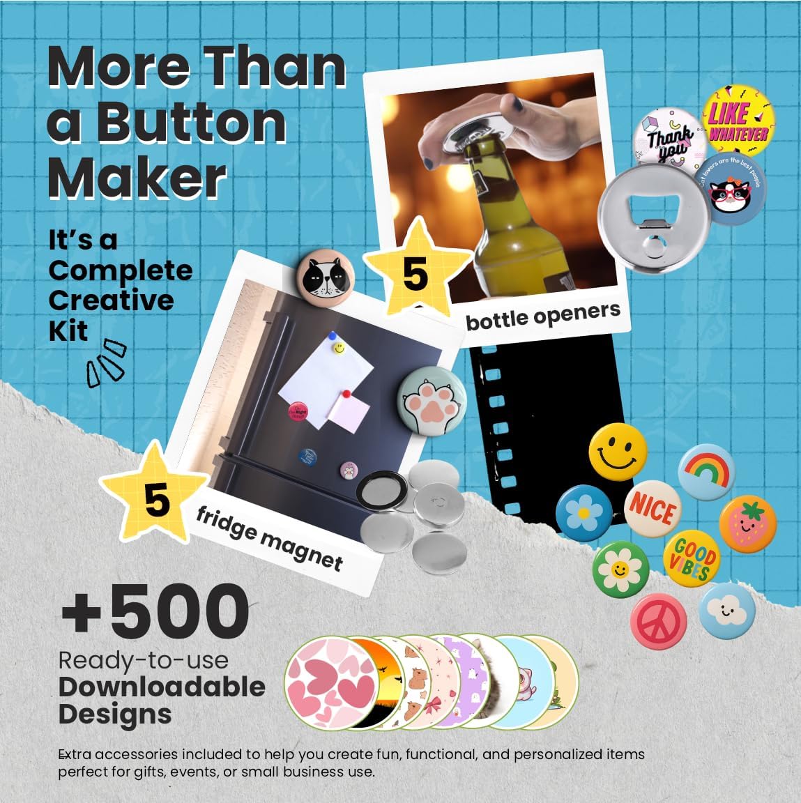 Knopfmacher-Maschine, 58 mm, 100 Knöpfe, 5 Flaschenöffner, 5 Kühlschrankmagnete, über 500 Designs, K - Image 2