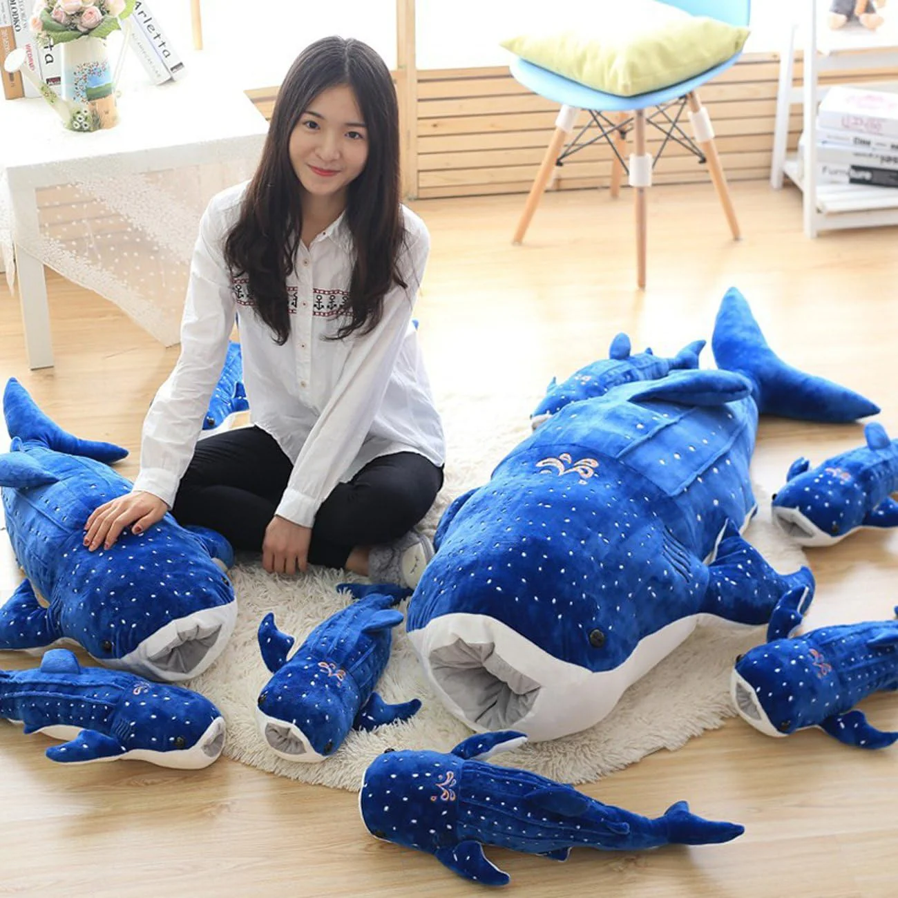 Kreative Walhai Kissen Plüsch Puppe Nickerchen Kissen 55cm Blau, 55cm Blau - Image 4