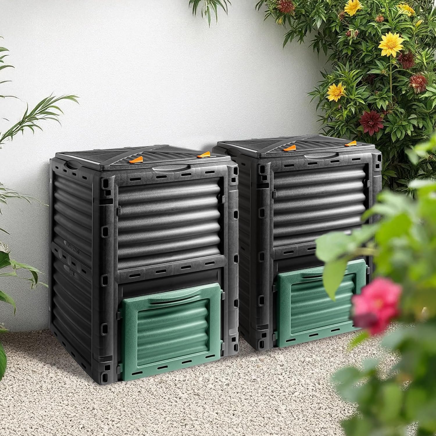 Kunststoff Kompostierer 83 x 61 cm schwarz - 2er Set - Komposter 300 L mit Deckel und Entleerungs-Lu - Image 7