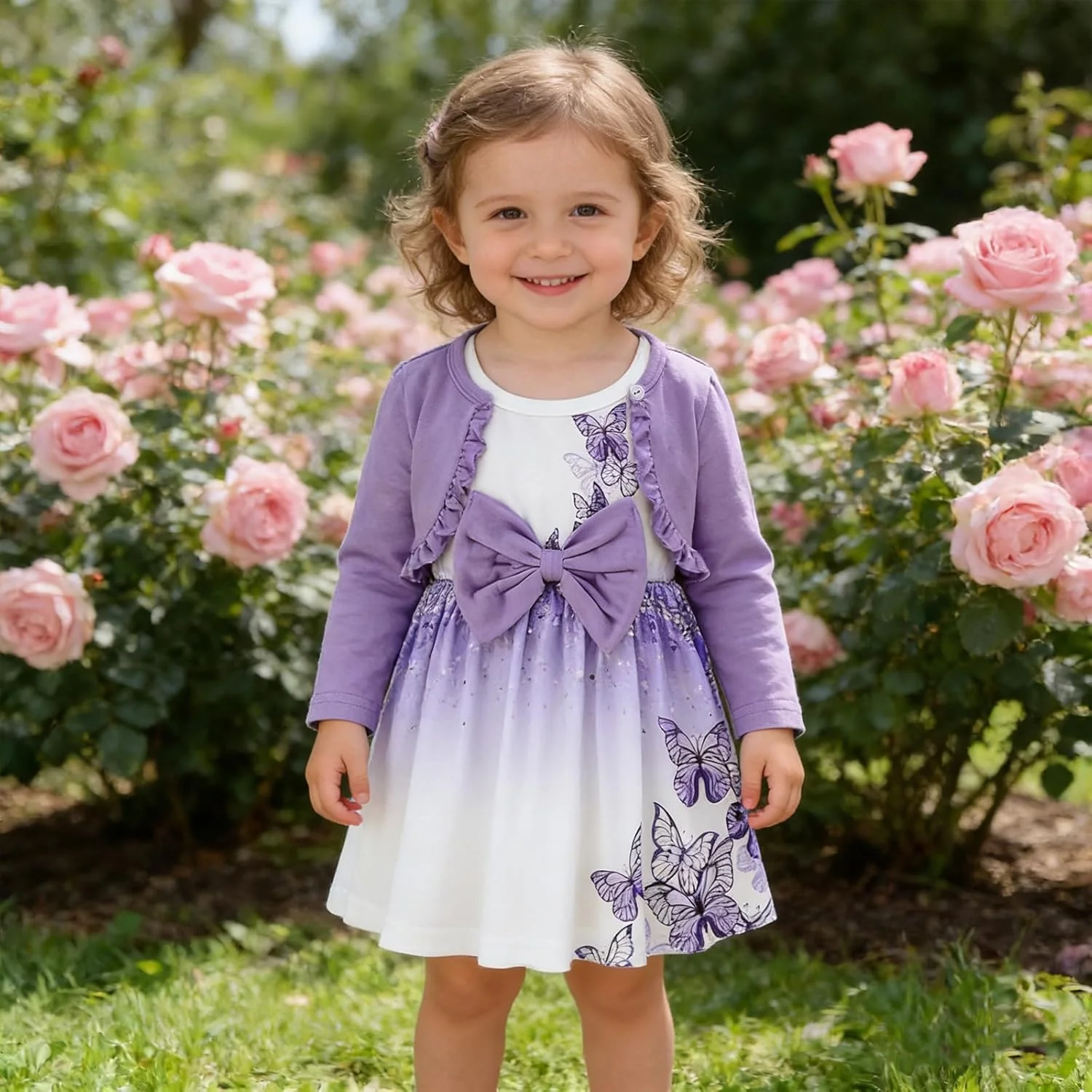 Kunyeah Baby Mädchen Kleid und Strickjacke Set Kleinkind Ruffle Shrug Mantel Schmetterling Print Roc - Image 4