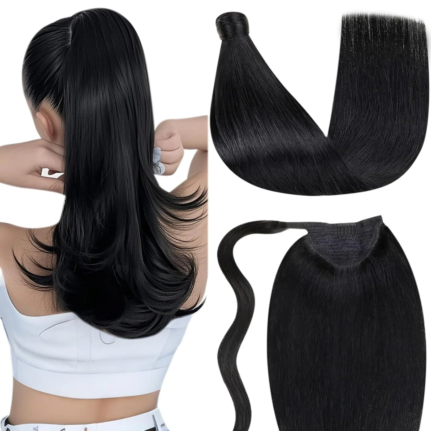 LaaVoo Zopf Extension Echthaar Schwarz Echthaar Pferdeschwanz Extensions Easy Fit Ponytail Extension