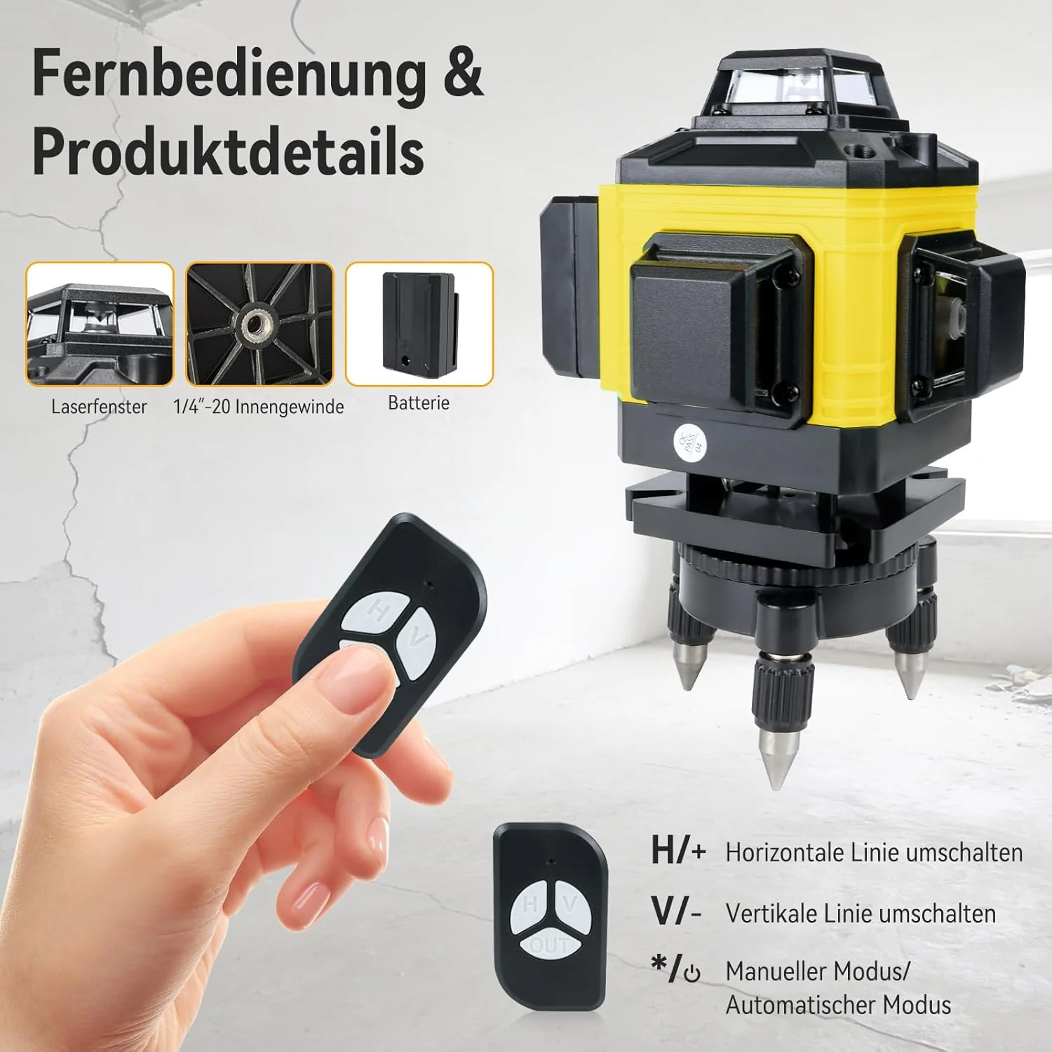 Laser Wasserwaage Kreuzlinienlaser wmit Stativ – Selbstnivellierender Rotationslaser 16 Linien 360°, - Image 5