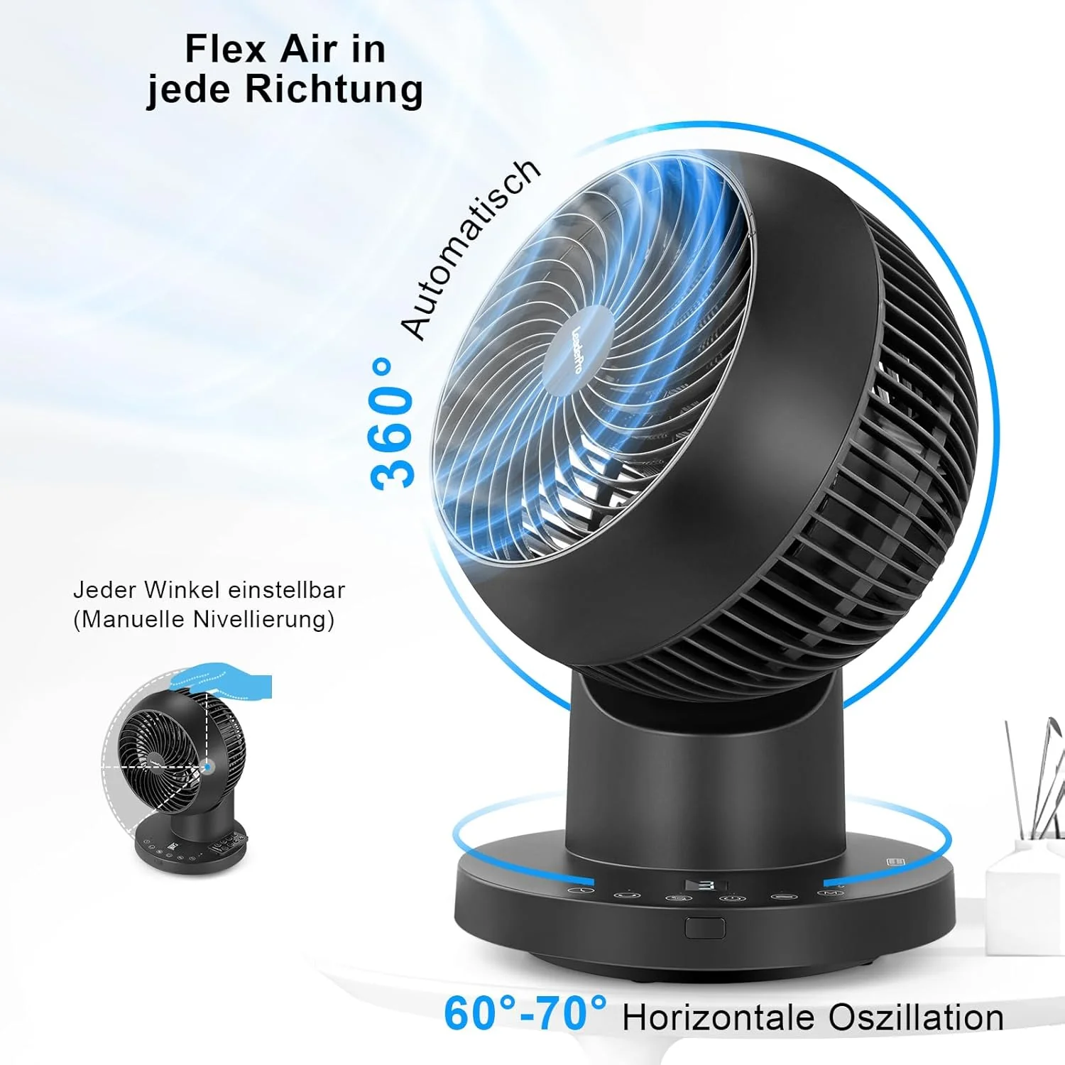 LeaderPro Ventilator leise,360° Tischventilator mit Fernbedienung und Standventilator Leise Luftzirk - Image 2