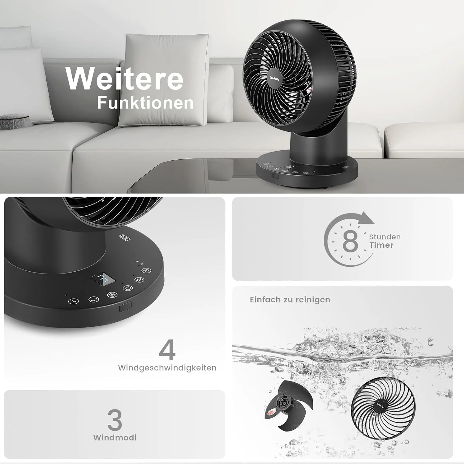 LeaderPro Ventilator leise,360° Tischventilator mit Fernbedienung und Standventilator Leise Luftzirk - Image 6