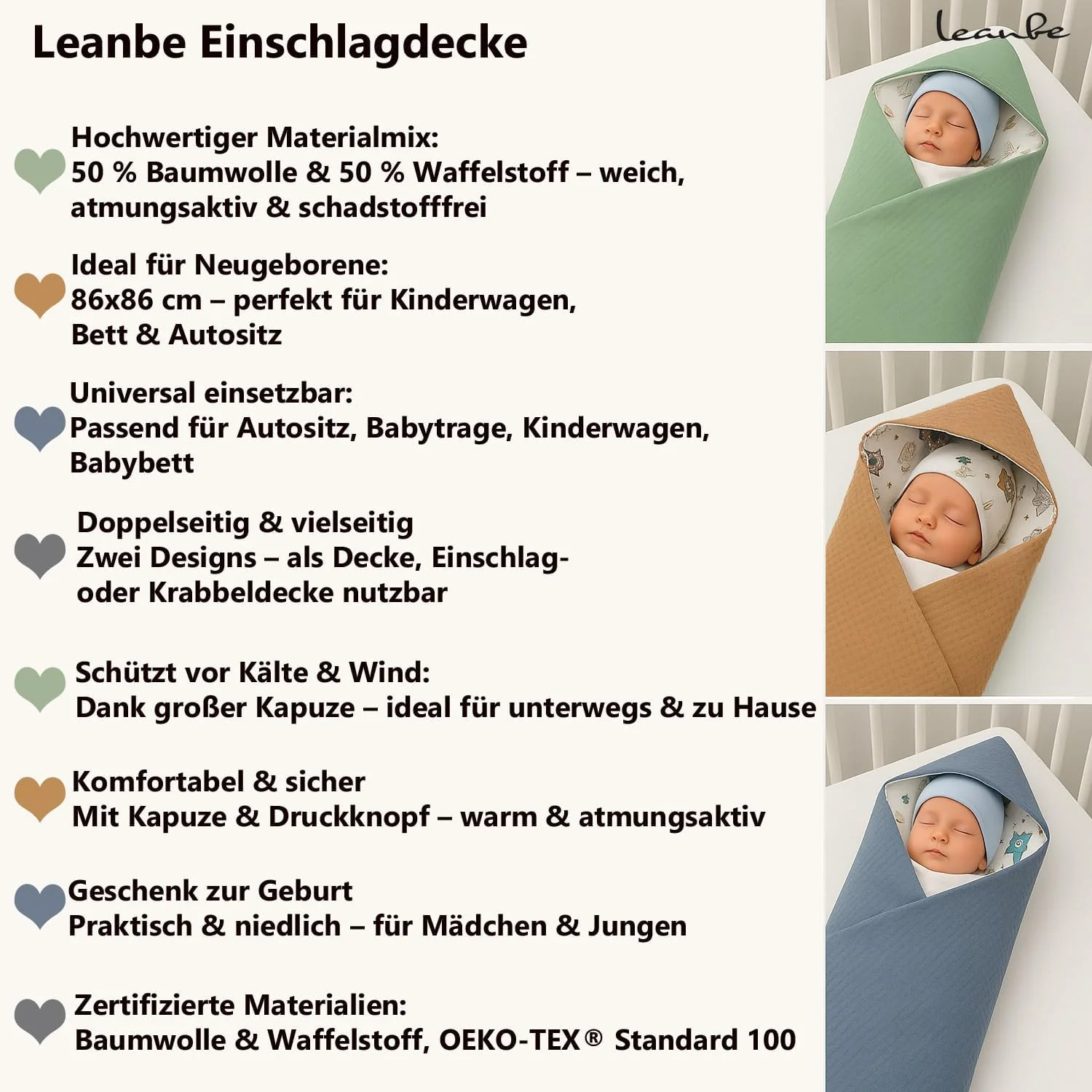 Leanbe Baby Einschlagdecke Doppelseitig 86x86 cm Baumwolle-Wafellstoff für Kinderwagen und Babybett - Image 5
