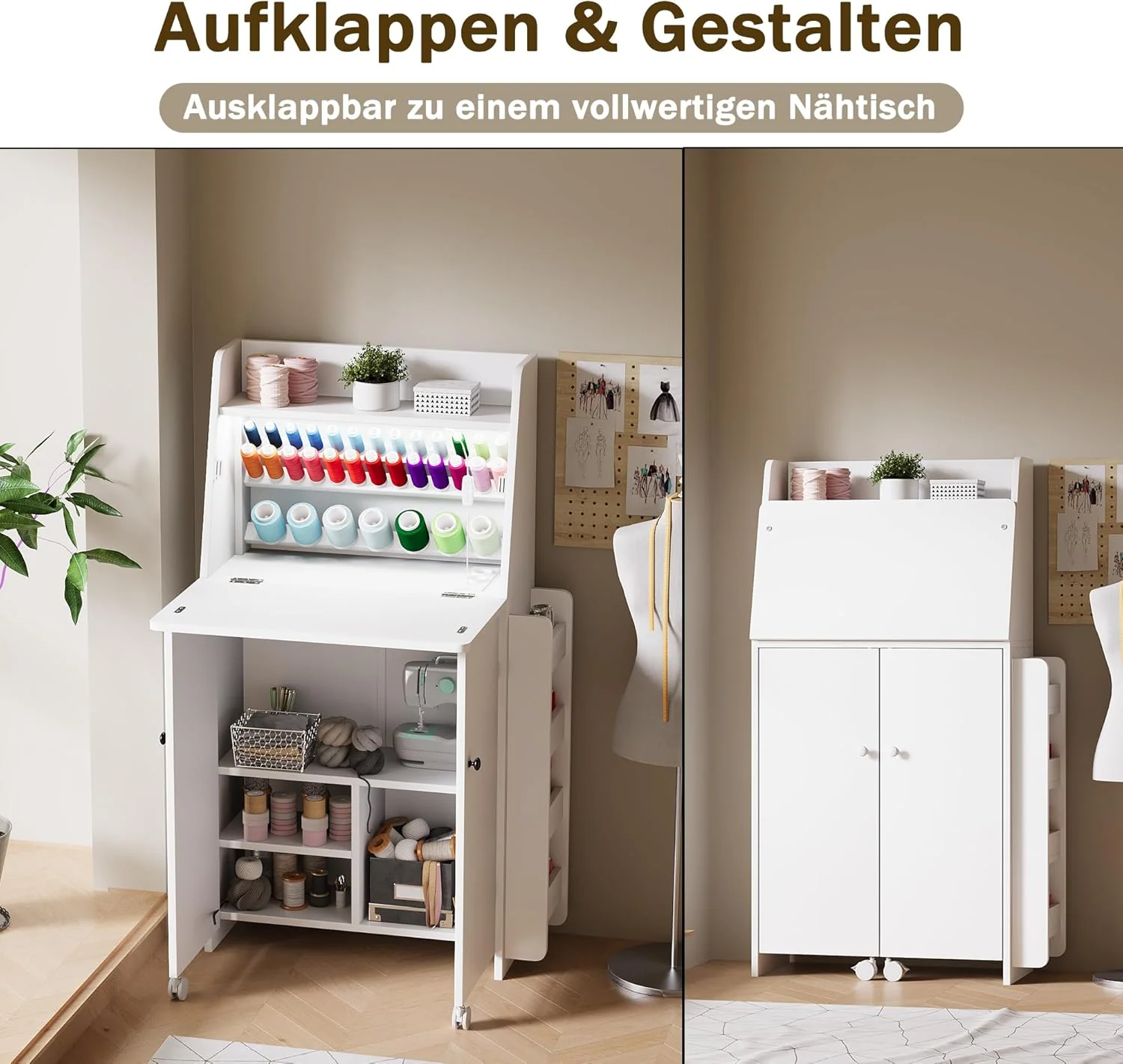 LED Nähtisch klappbar mit 33-Fach Garnhalter & 2 Steckdosen, USB+Typ-C Nähmaschinenschrank mit viel - Image 5