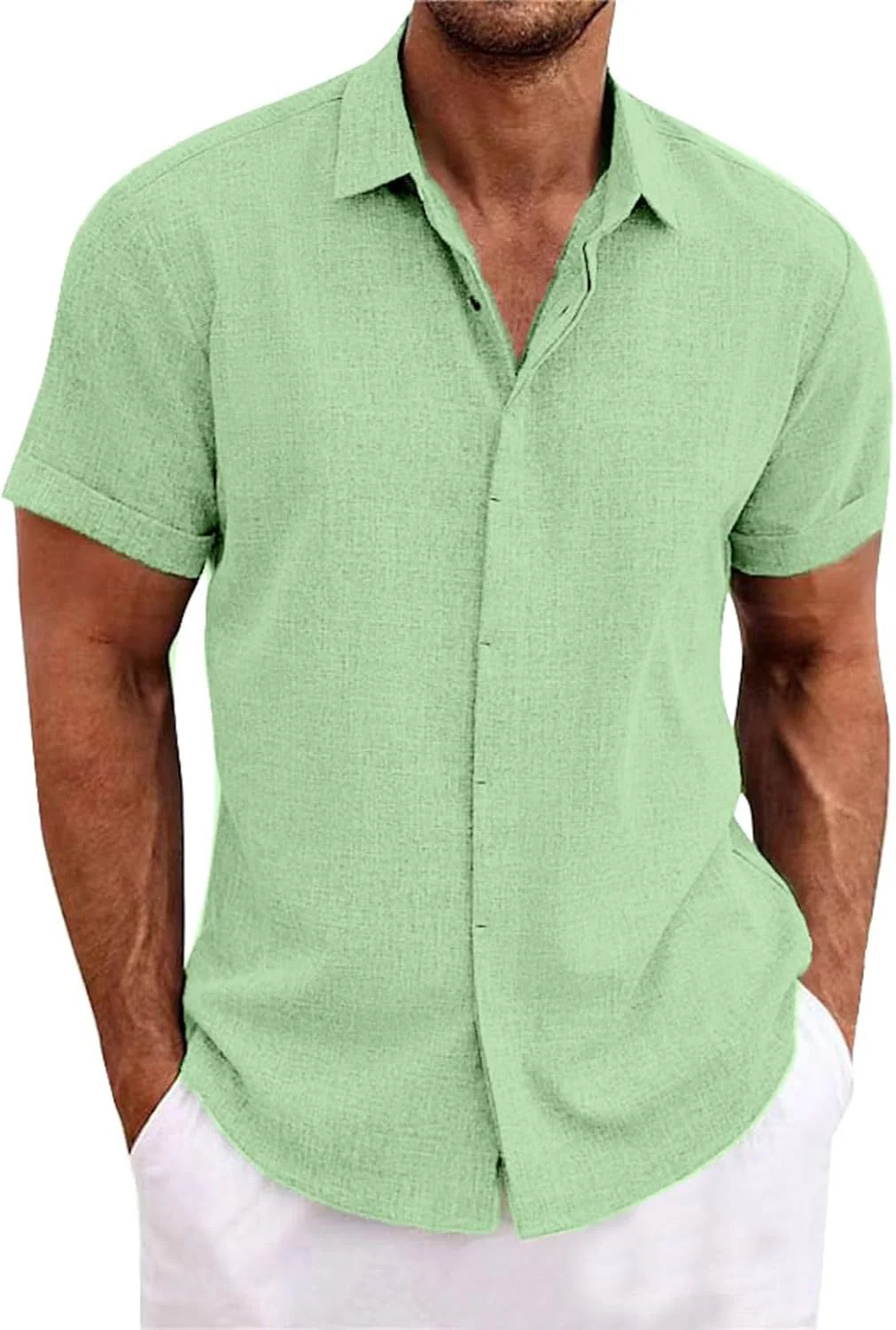 Leinenhemd Herren Kurzarm Freizeithemd Button Down Oberteile Leinenshirt Regular Fit Sommer Casual S - Image 2