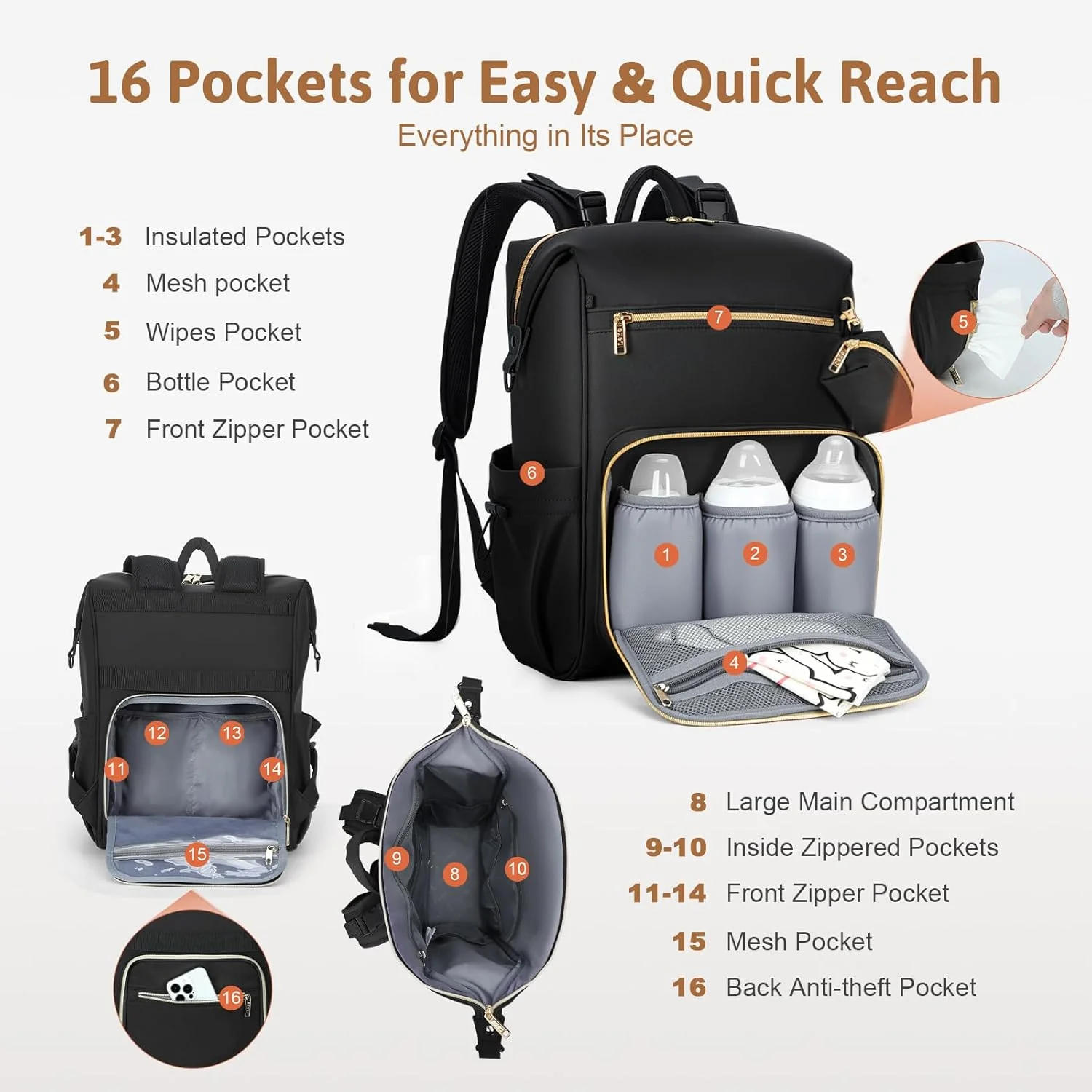 Lekesky Wickelrucksack Gross, Baby Wickeltasche Rucksack mit Wickelunterlage & Kinderwagengurten, Mu - Image 4