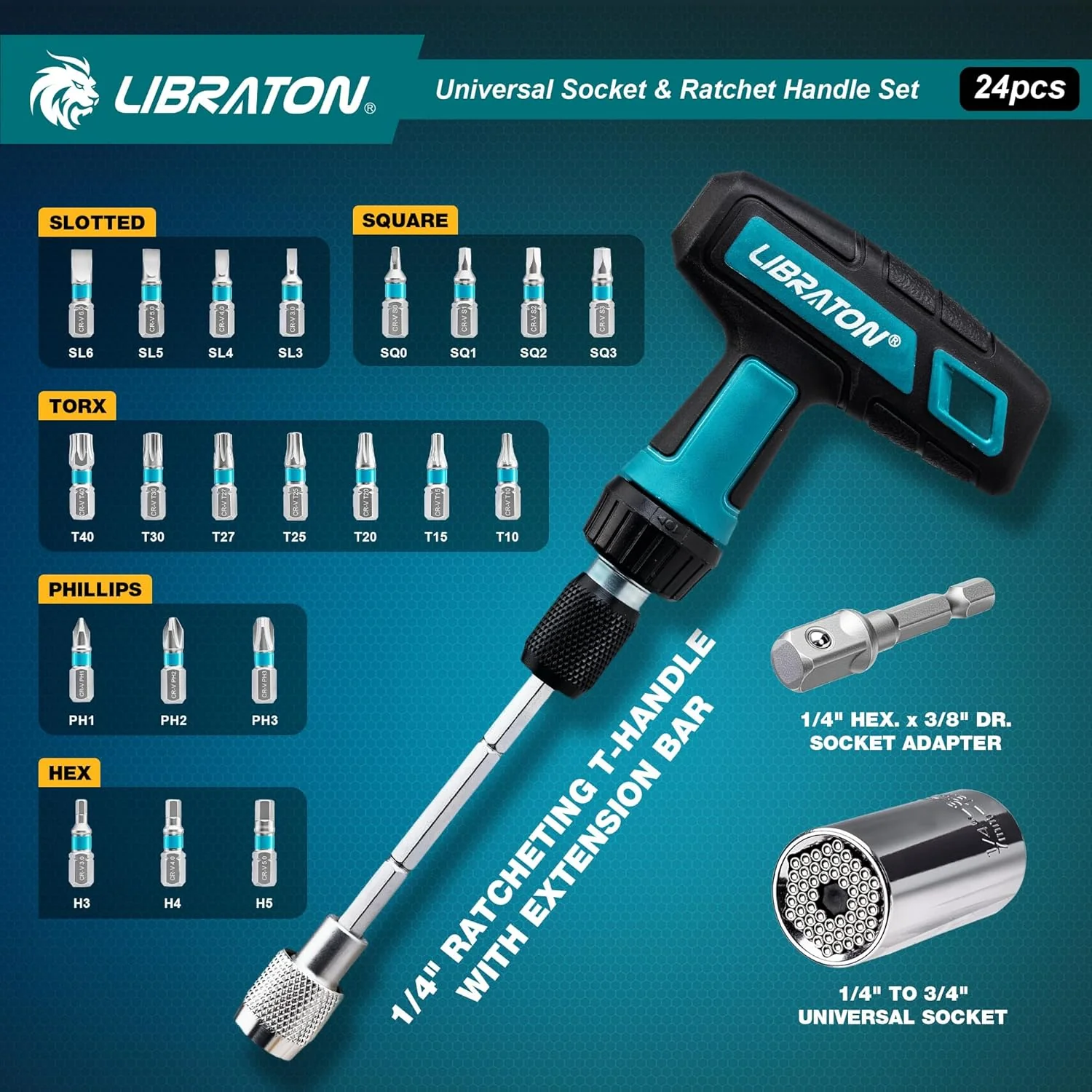 LIBRATON 24-tlg. 1/4" Drive T-Griff Ratsche & Universalschlüssel, Bitsatz, Steckschlüssel adapter Ad - Image 2