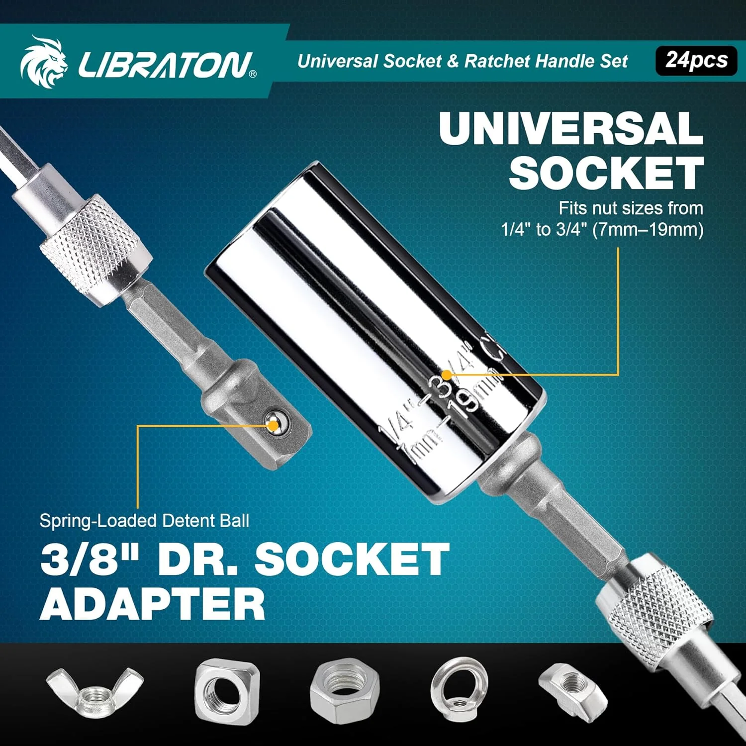 LIBRATON 24-tlg. 1/4" Drive T-Griff Ratsche & Universalschlüssel, Bitsatz, Steckschlüssel adapter Ad - Image 3