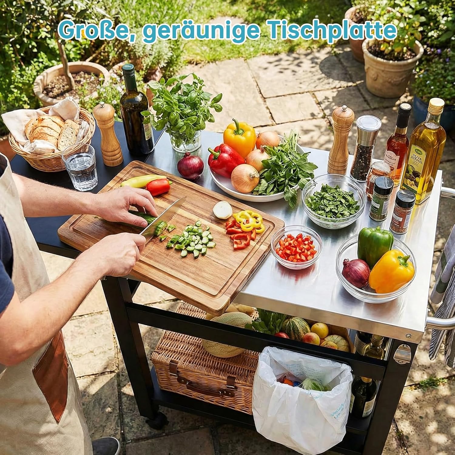 LIFERUN Grillwagen mit Klappbarem Beistelltisch, Robuster Grilltisch mit Edelstahl Tischplatte, 2-Eb - Image 5