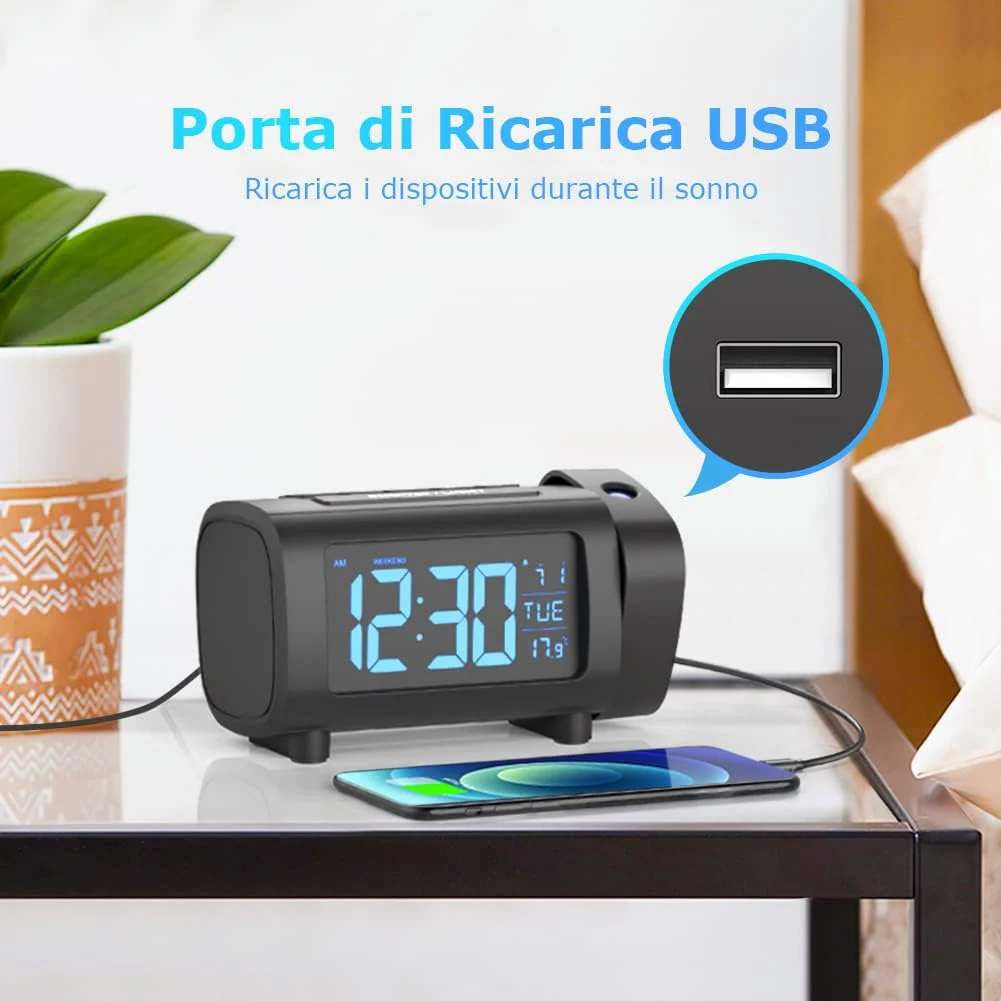 LIORQUE Projektionswecker Radiowecker Digital Wecker mit Radio Snooze Wochenendmodus Temperatur USB - Image 6