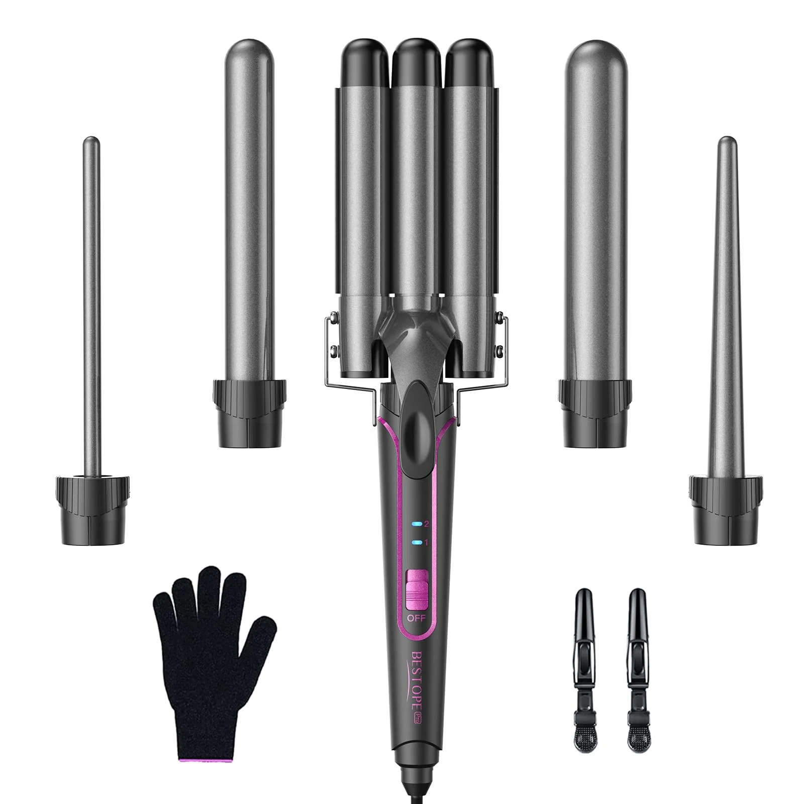 Lockenstab set 5 in 1 Welleneisen - Lockenstäbe 3 Fässer für Grosse Keine Locken Keramik Lockenwickl