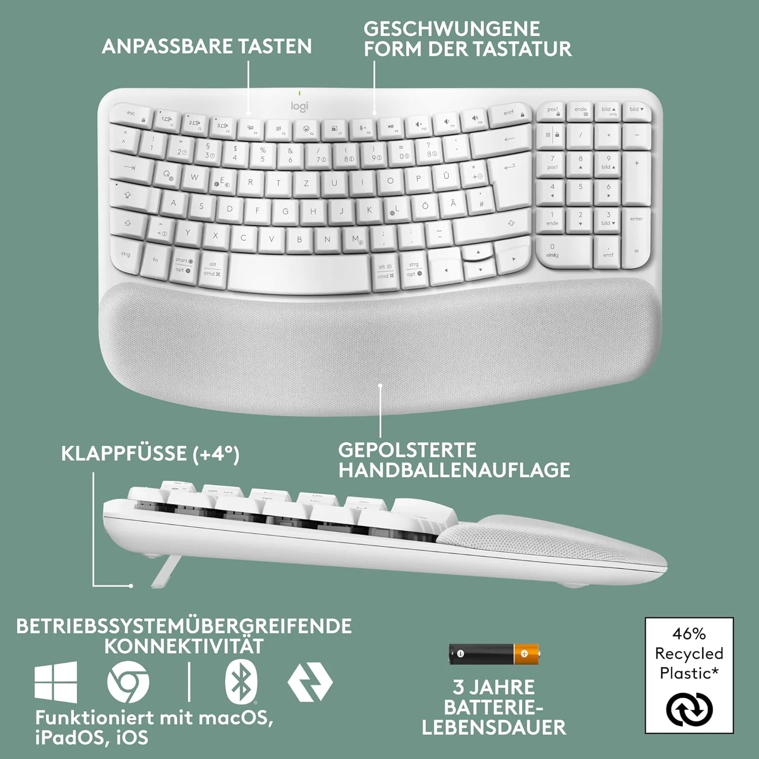 Logitech Wave Keys kabellose ergonomische Tastatur, gepolsterte Handballenauflage, komfortables natü - Image 6